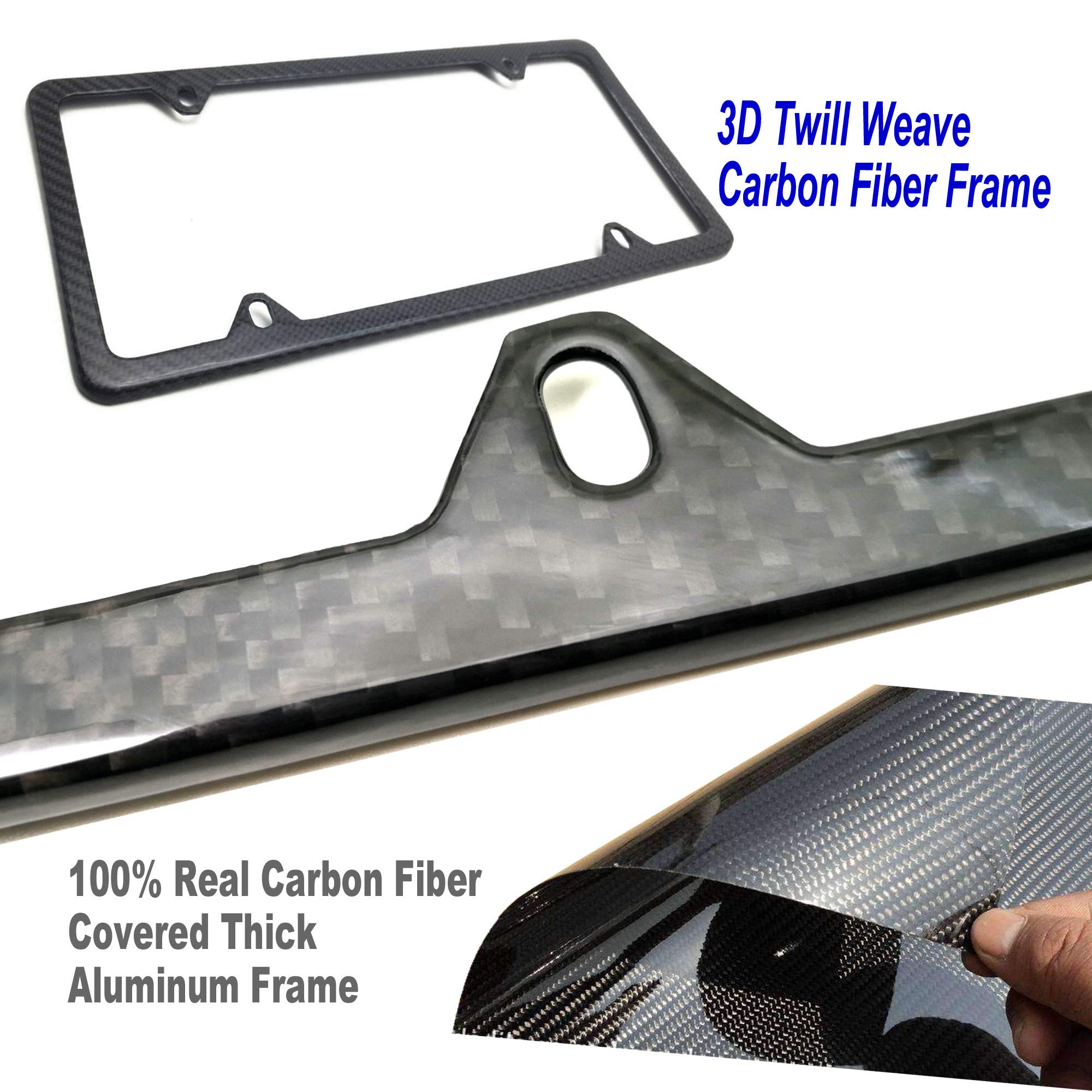 Zxfoog Carbon Fiber License Plate Frame- 100% Handcrafted Real Carbon Fiber Cloth Wrapped Holder, Slim Black Aluminum Car Tag Cover With Stainless Steel Screws Caps, Rattle Proof Pad, 1 Pack 4 Hole