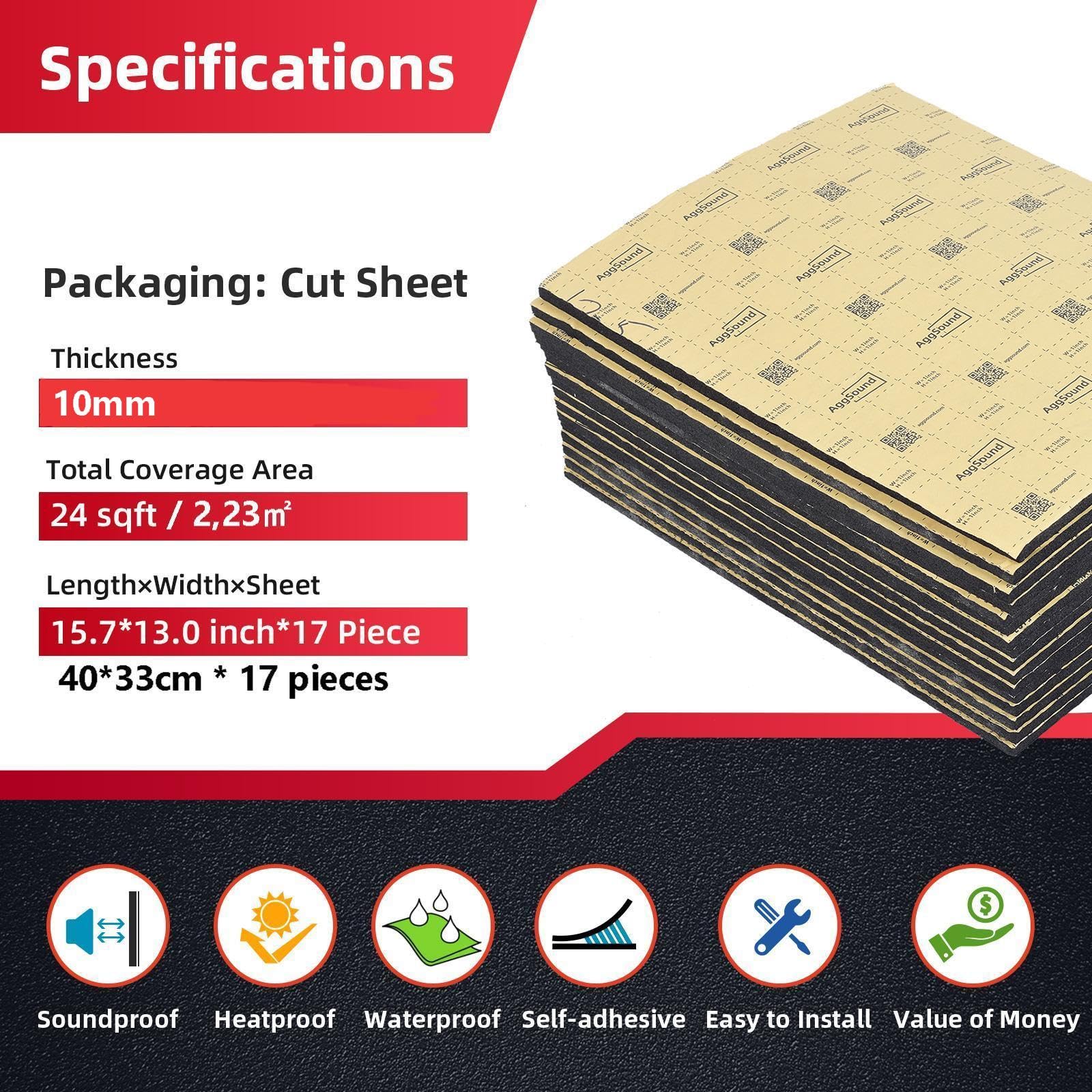 Aggsound 394Mil 24Sqft Thickened Sound Deadener For Cars - Auto Sound Deadening - Closed Cell Foam Noise Deadening Material - He