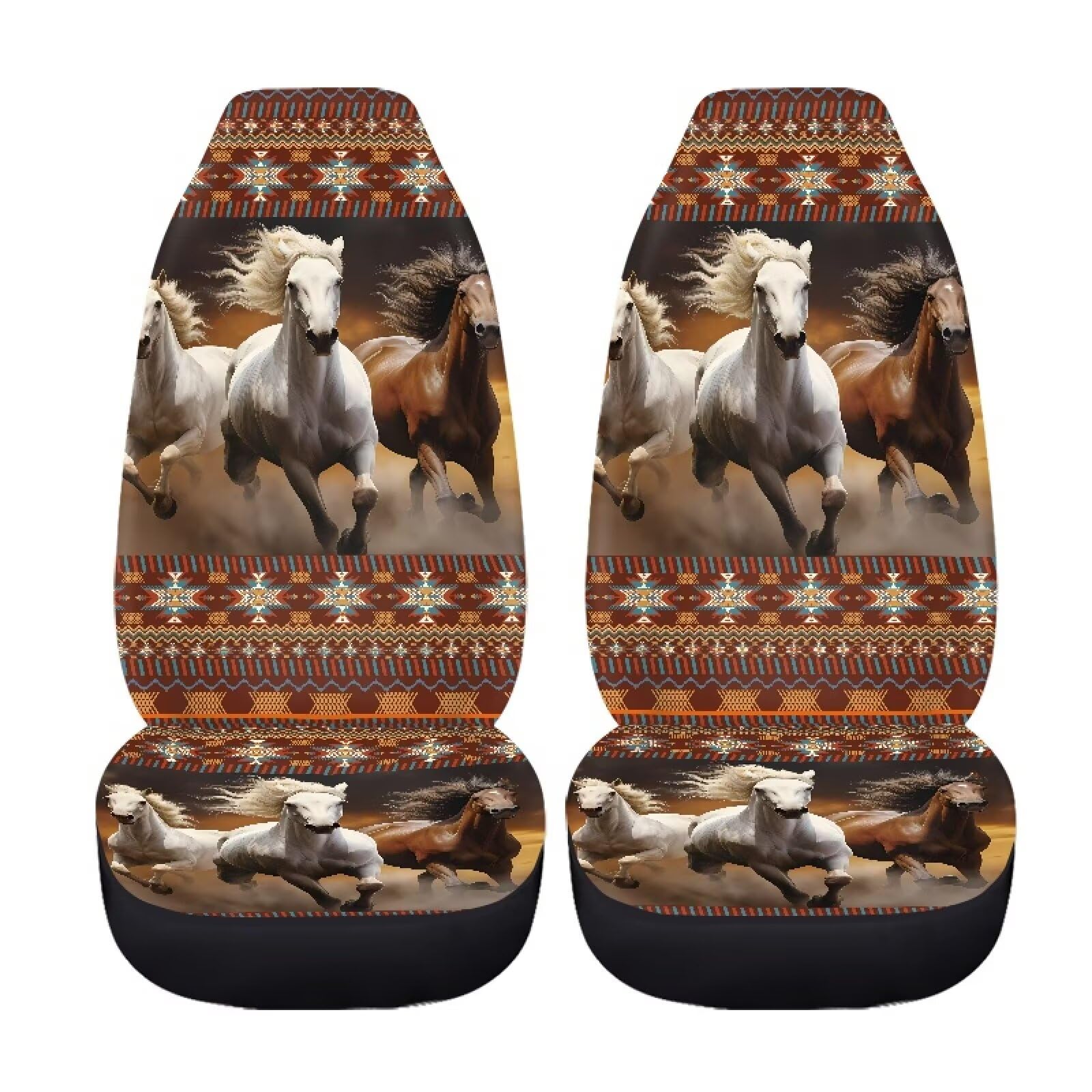 Wanzuoeng Car Seat Covers 2Pcs, Aztec Stripe Horse Print Front Bucket Seat Cover, Stretch Soft Fabric Auto Accessories Auto Seat