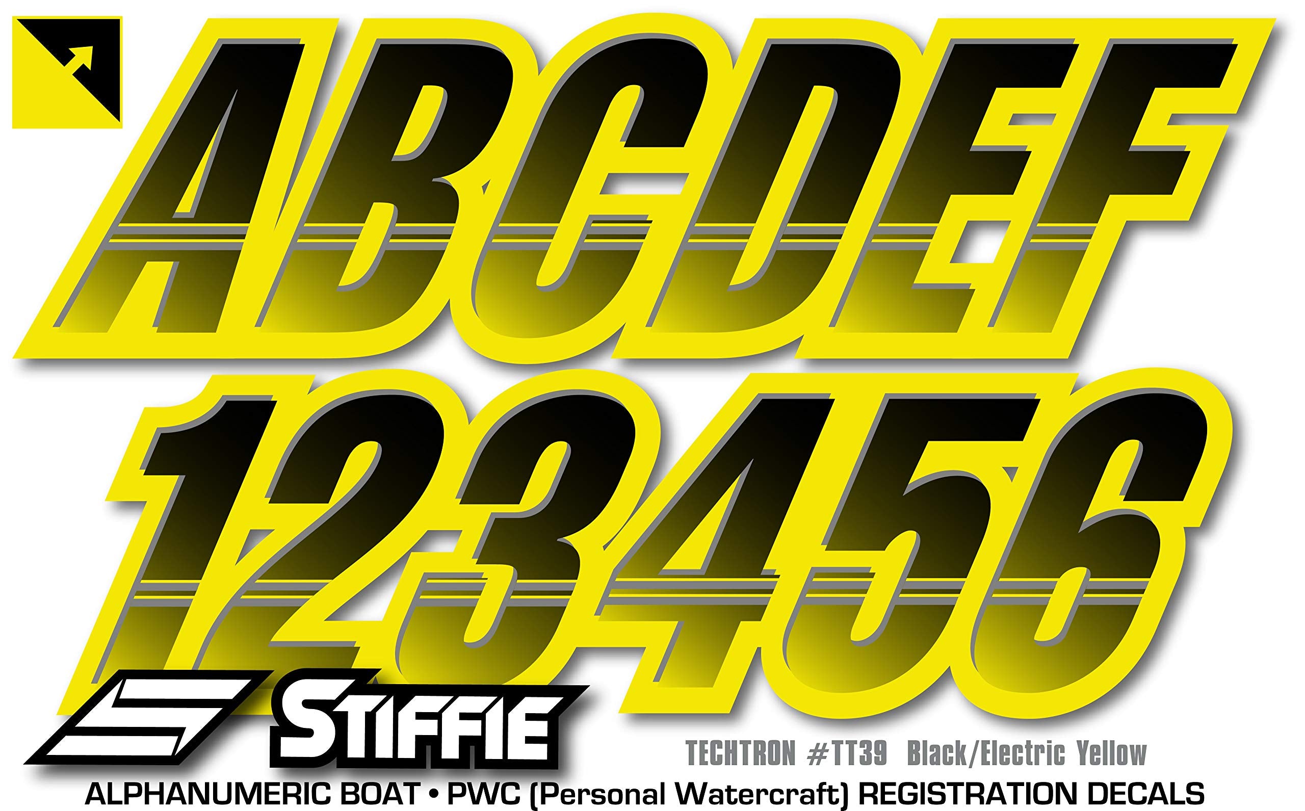 Stiffie Techtron Black/Electric Yellow 3 '' Boat & Pwc Registration Decals  Numbers Letters Stickers