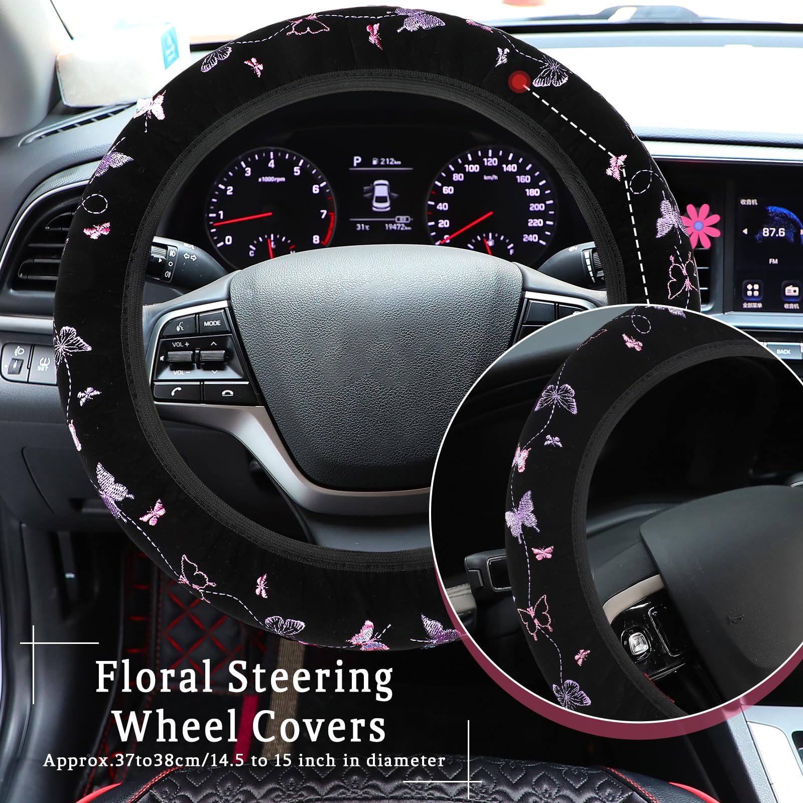 BBTO 19 Pcs Embroidery Cute Car Accessories Set Include Seat Covers, Steering Wheel Cover, Air Vent Clips, Cup Mats, Center Cons