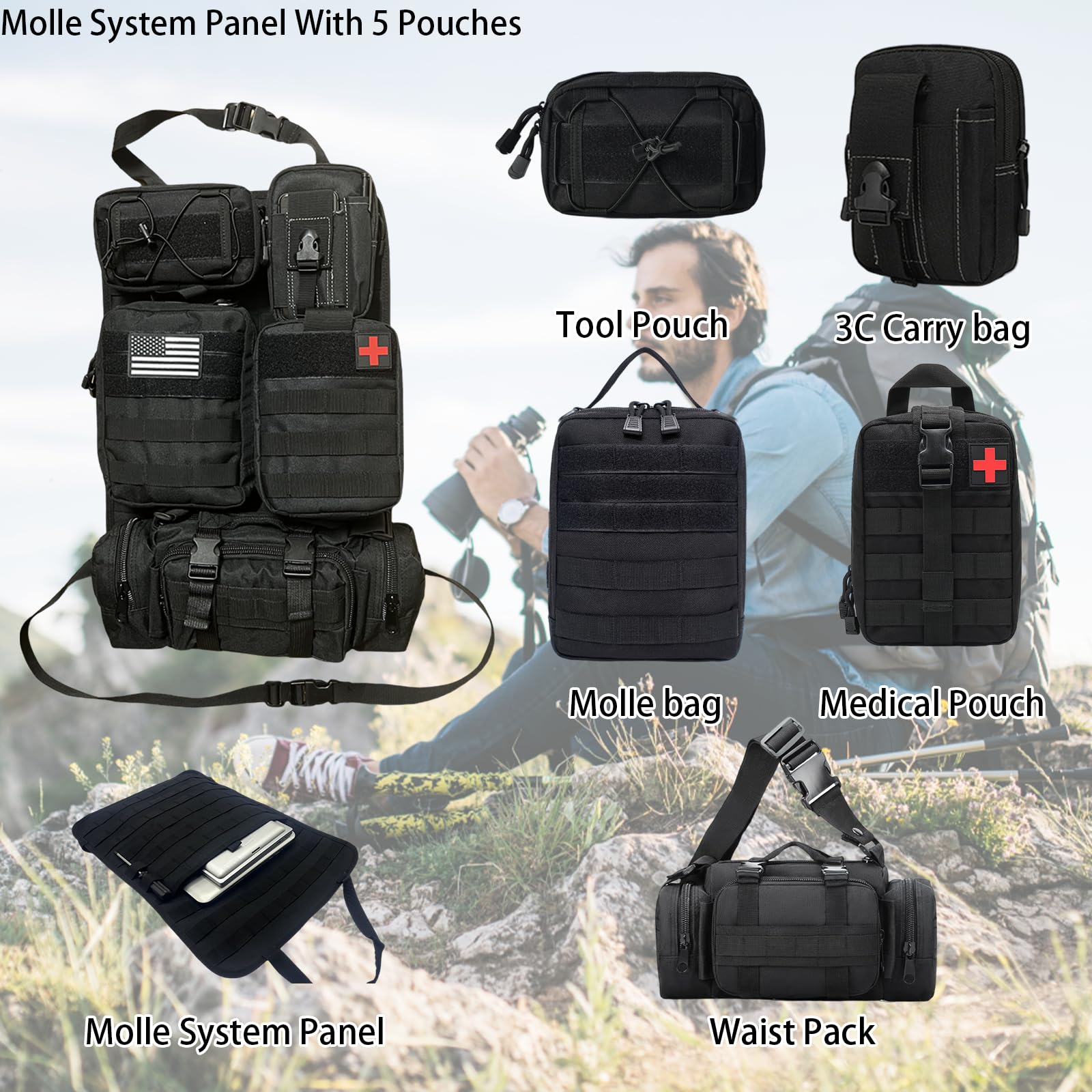 Meautele 6 Pack Tactical Molle Car Seat Back Organizer Tactical Vehicle Panel With 5 Detachable Molle Pouch For Car Truck Ford J