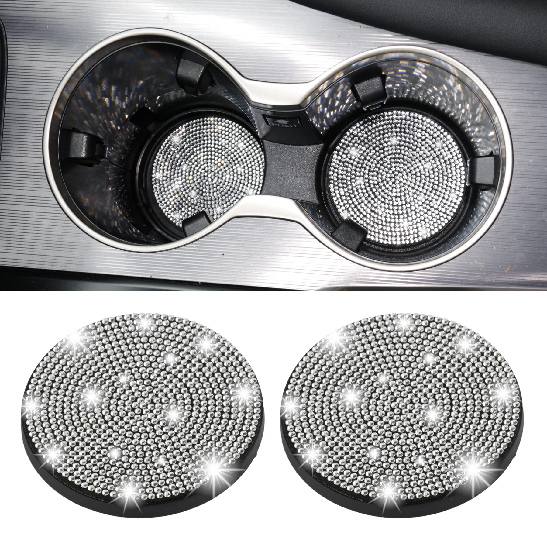 Singaro Bling Cup Holder Coasters For Car, 2Pcs Universal Non-Slip Cup Holder, Embedded Decorative Coasters, Shiny Crystal Car I