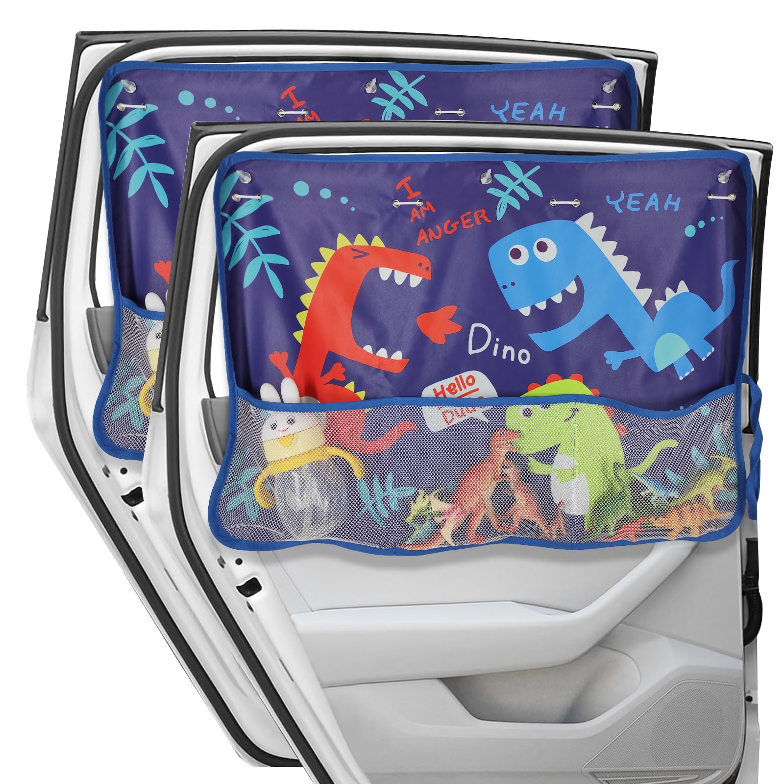 DIZA100 Car Window Shade for Baby, 2 Pack Car Sun Shades with Storage Net Pocket Car Window Curtain 7 Suction Cups Blue Dinosaur