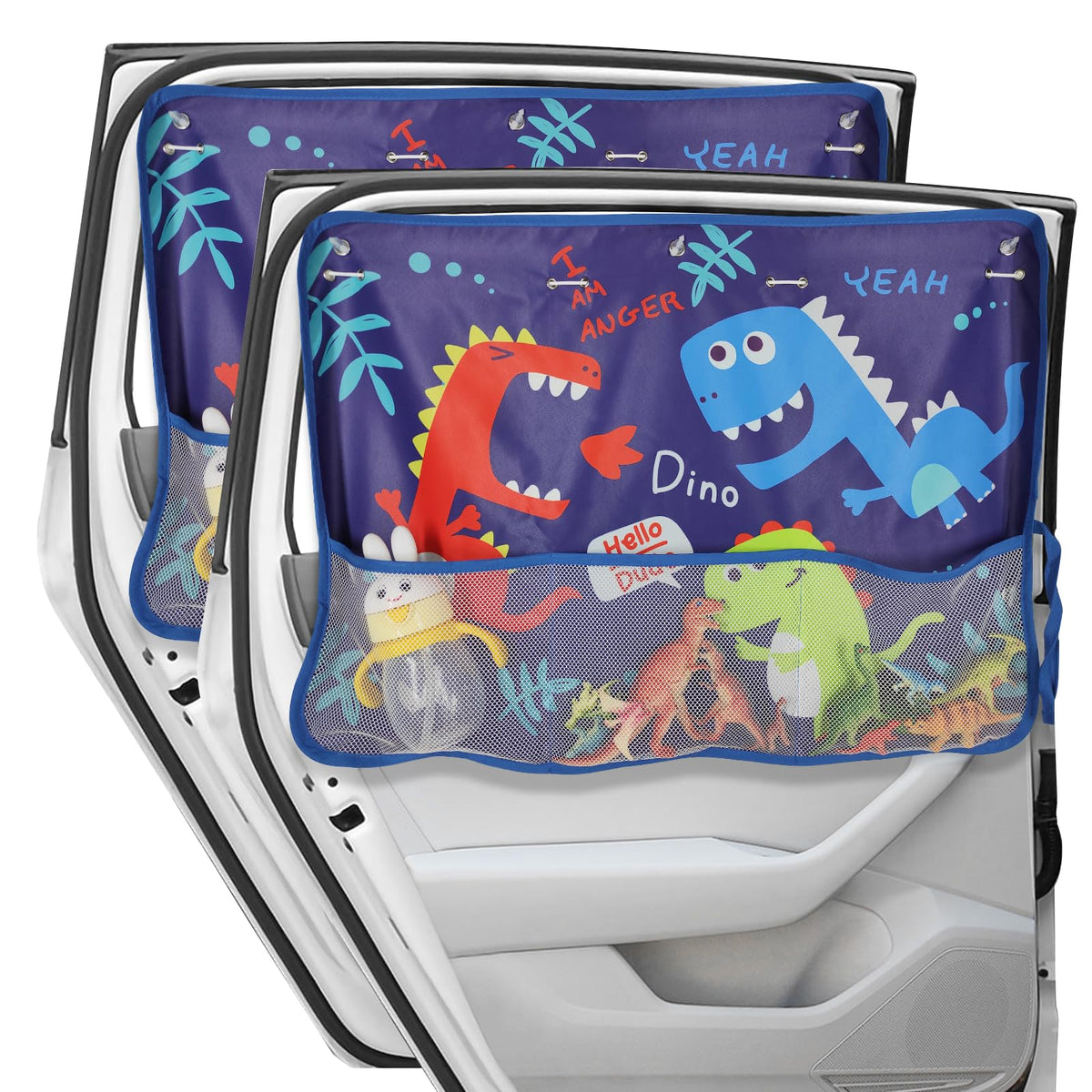 DIZA100 Car Window Shade for Baby, 2 Pack Car Sun Shades with Storage Net Pocket Car Window Curtain 7 Suction Cups Blue Dinosaur