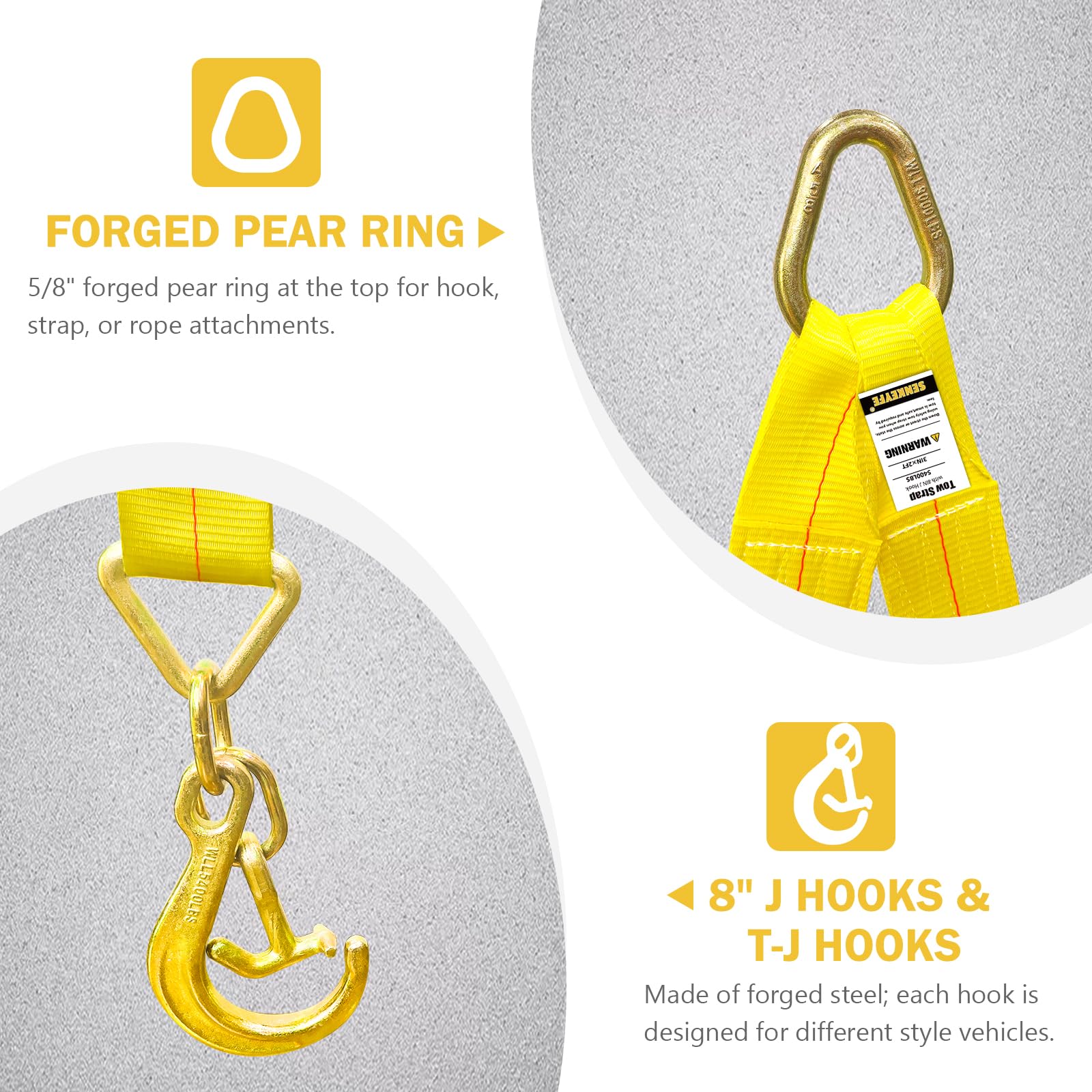 SENKEYFE Tow Straps V Bridle, 3'' x 36'' Recovery V-Strap with 8'' J Hooks and T-J Hooks, 5400LBS J Hook and Mini Datsun Recover