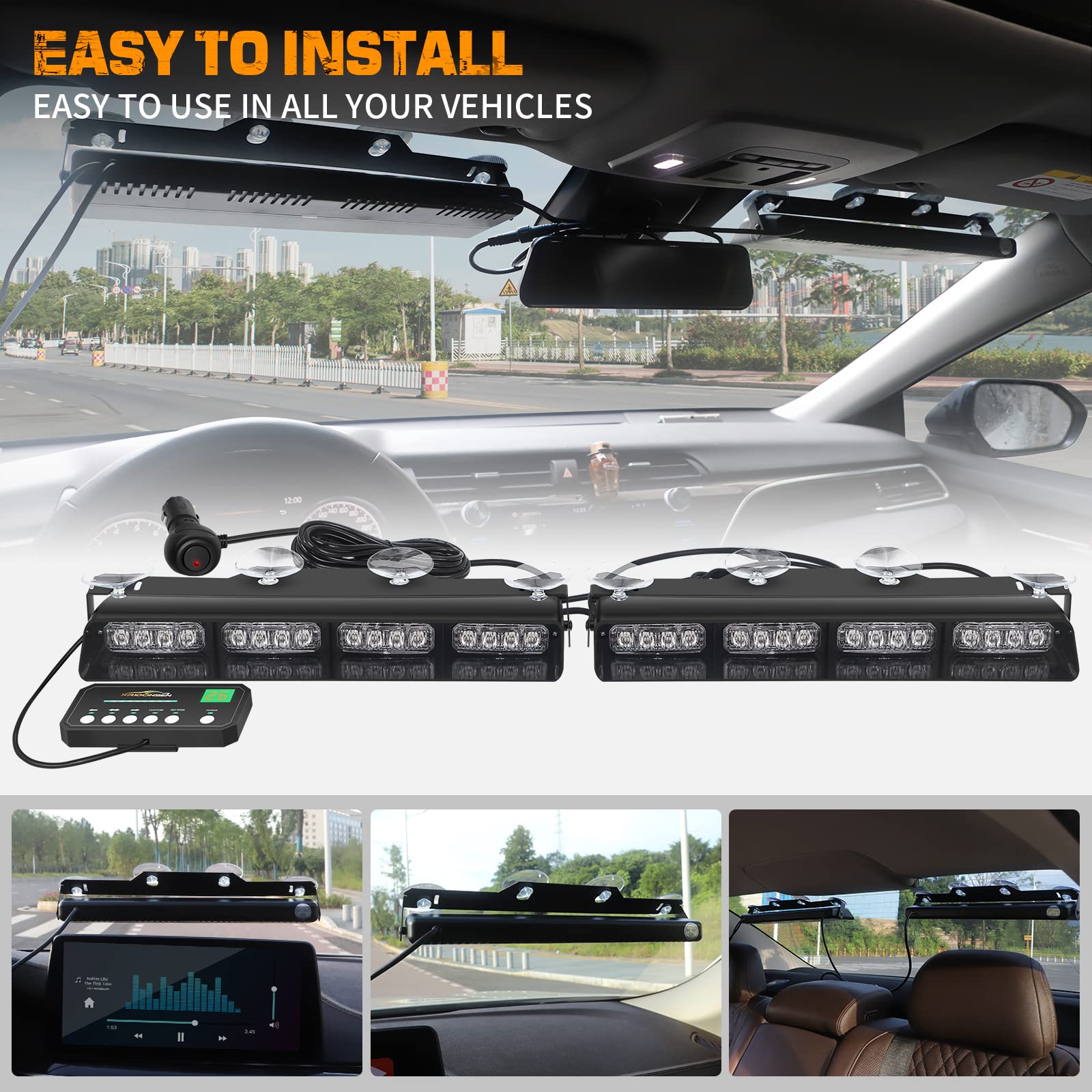 XRIDONSEN Emergency Dash Strobe Lights, Blue 2x14 inch, ABS Material, Suction Cup Mount for Police, Ambulance, Trucks