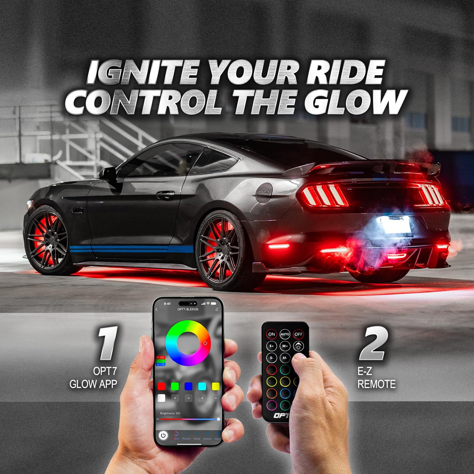 OPT7 Aura PRO LED Underglow Lighting Kit, RGB Multicolor, Music Sync, Waterproof Aluminum, Car Accent Lights