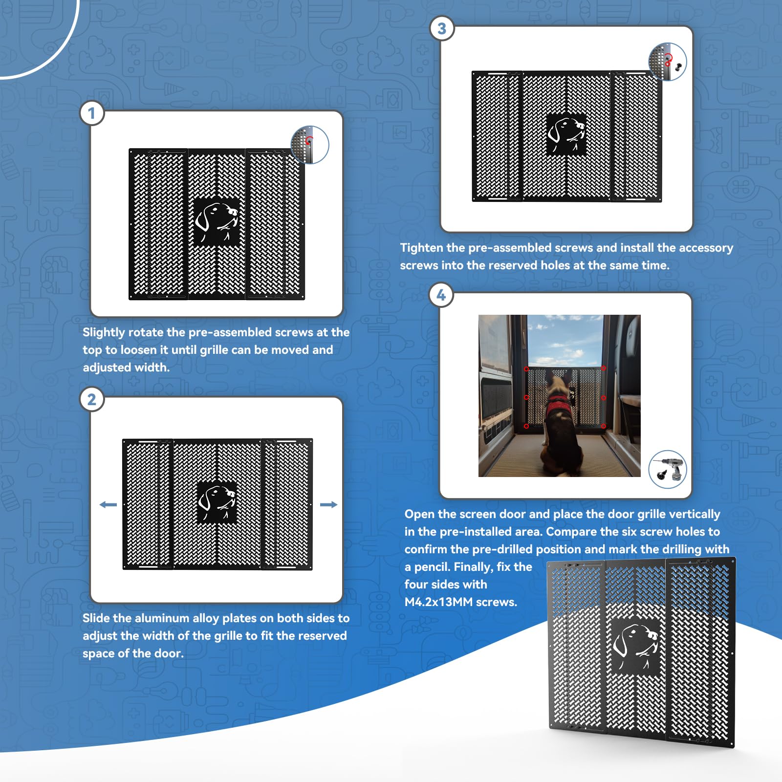 RV Screen Door Grille,Dog Friends Design, Aluminium Alloy Material Protects Screen Door from Damage, Adjustable Width Ranging fr