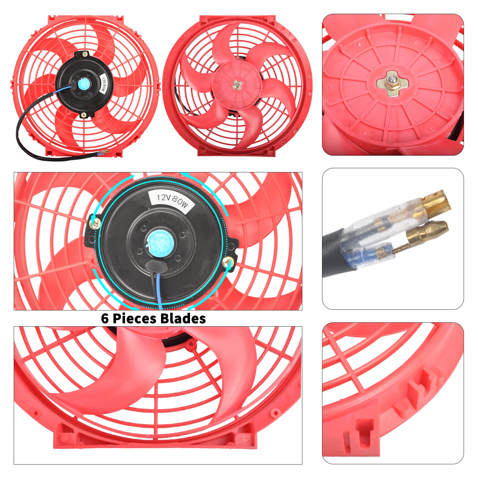 Fgjqefg 10 Inch Universal Slim Fan Push Pull Electric Radiator 12V 80W High Performance Cooling Fan Mount Kit Red 2 Pcs