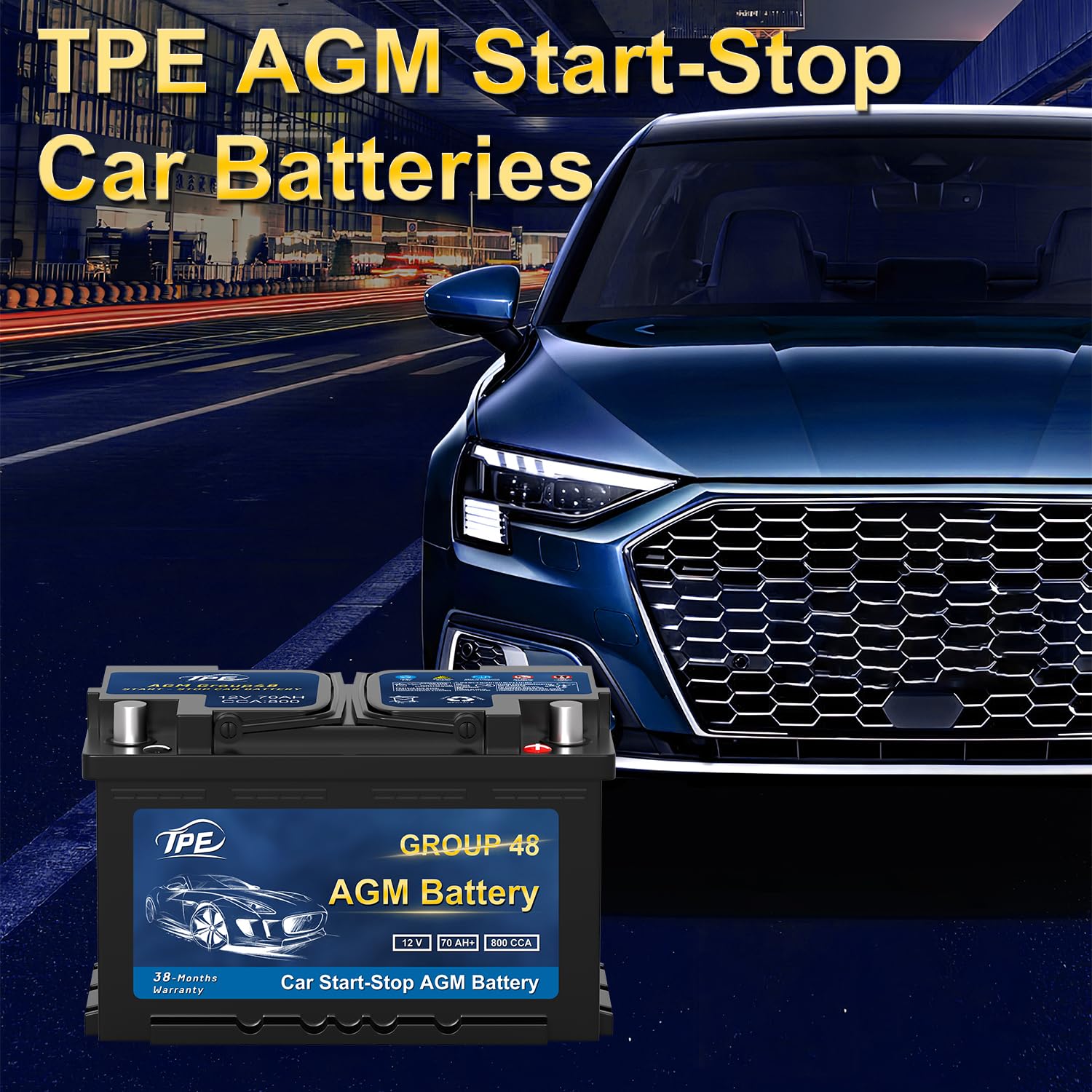 TPE AGM Battery BCI Group 48, Maintenance Free 12V 70Ah, H6 Size, 120RC, 800CCA, Automotive Battery, Reliable Performance for Ca