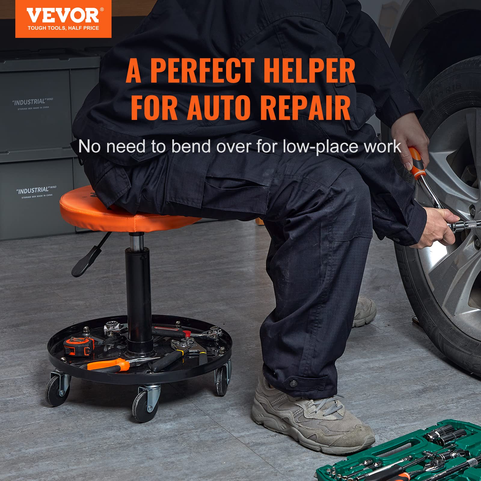 Vevor Mechanic Stool, 250 Lbs Rolling Pneumatic Creeper Garage/Shop Seat, Adjustable Height 16-22 Inch In Padded Rolling Worksho