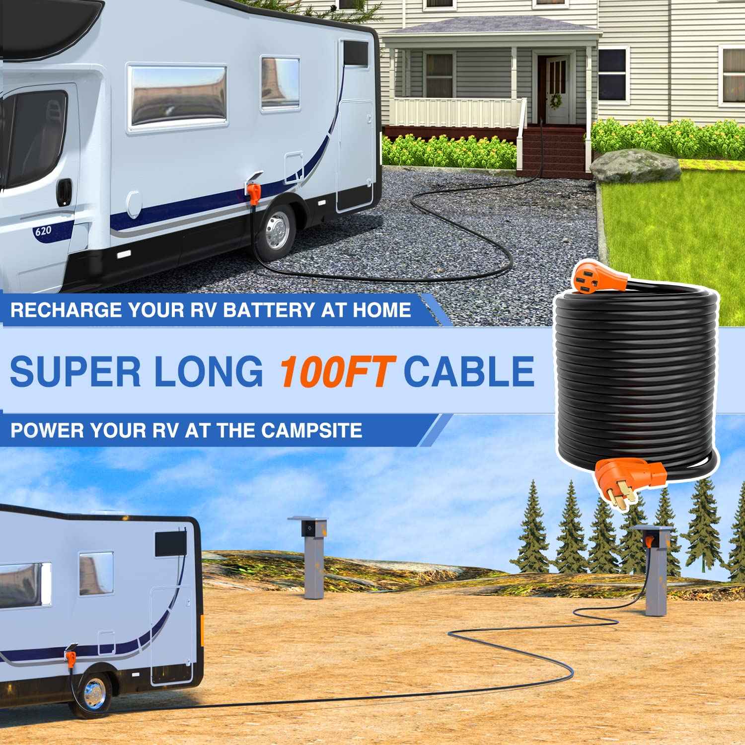 Nilight 50 Amp100Ft Rv/Ev Extension Cord 250V Heavy Duty 6/3+8/1 Gauge Pure Copper Stw Wire Ul Etl Listed 4 Prong 14-50P 14-50R