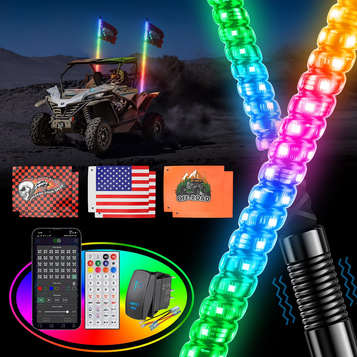 Ehaho 2PCS 3FT Whip Lights for UTV ATV with Spring Base, Tripled Brighter Led Whip Light W/Rocker Switch & 6 Flags, Spiral Chasi