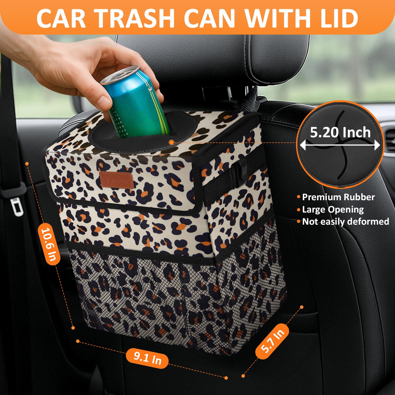 Vankor Cute Car Trash Can, Car Accessories For Women Interior Can Trash Bag Hanging Automotive Garbage Cans Leopard Pattern