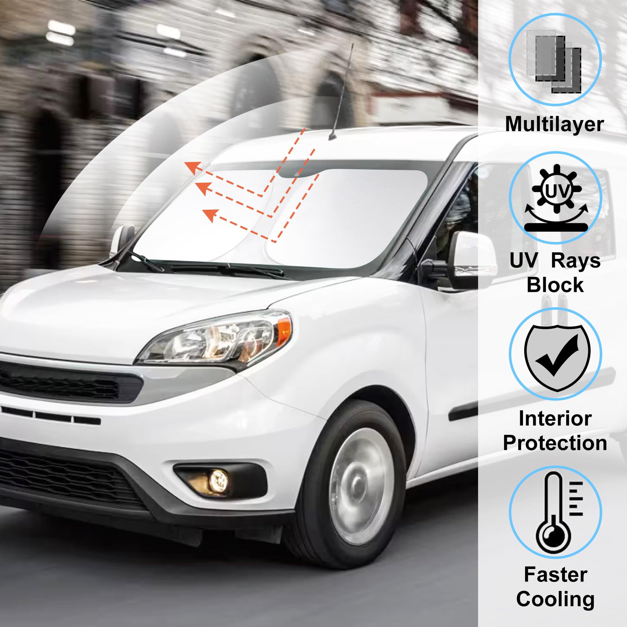 Windshield Sun Shade Rays Reflector Custom Fit 2014-2024 2025 Dodge Ram Promaster Accessories Full Size Cargo Van Chassis Cab Cu