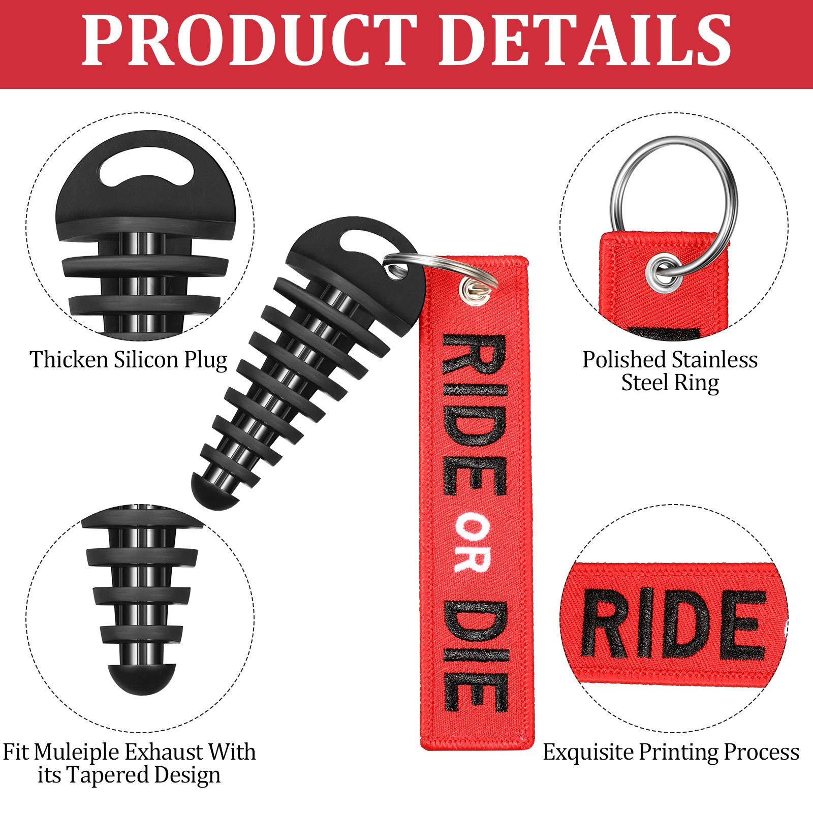 Frienda 3 Pieces 0.6-1.5 Inch Exhaust Tail Pipe Plug Muffler Exhaust Wash Plug With Rubber Exhaust Silencer And 3 Pieces Red Str