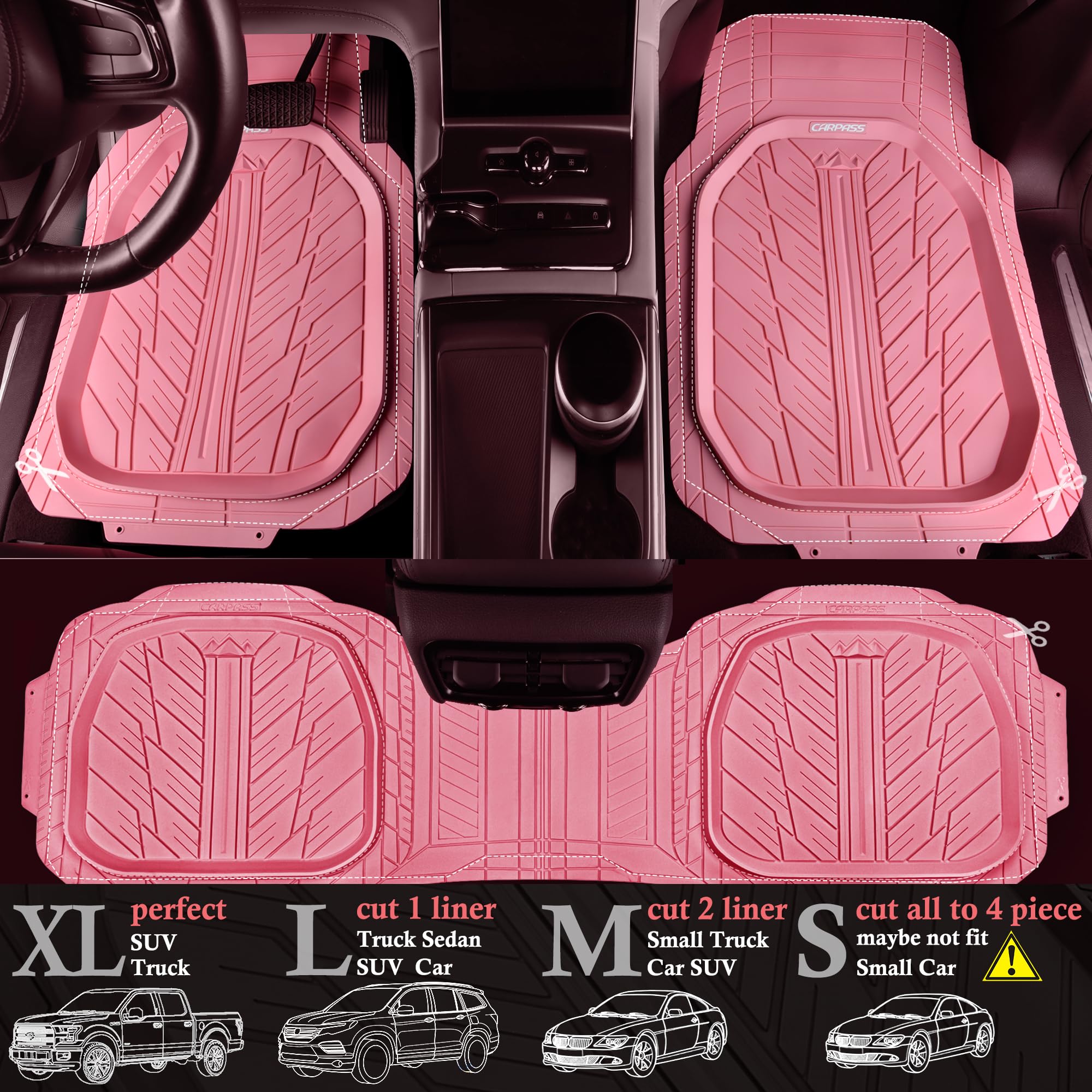 Car Pass Deepdish Pink Floor Mats For Cars Full Set,Heavy Duty Rubber Car Mats 3-Piece,Universal Waterproof Trim-To Fit Automoti