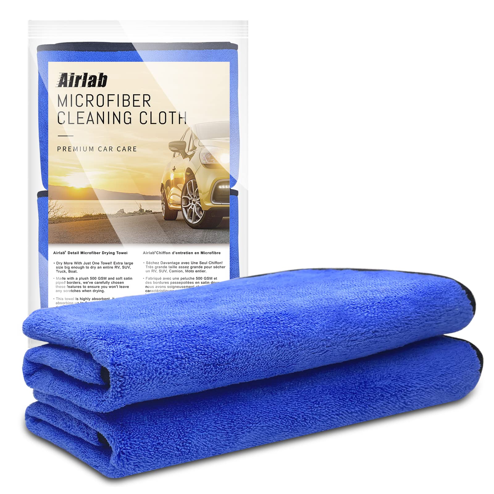 Airlab Xl Microfiber Towels For Cars Drying Super Absorbent Auto Detailing Plush Extra Large Ultra Soft, Lint-Free, Streak-Free, 24'' X 35'' - Pack Of 2
