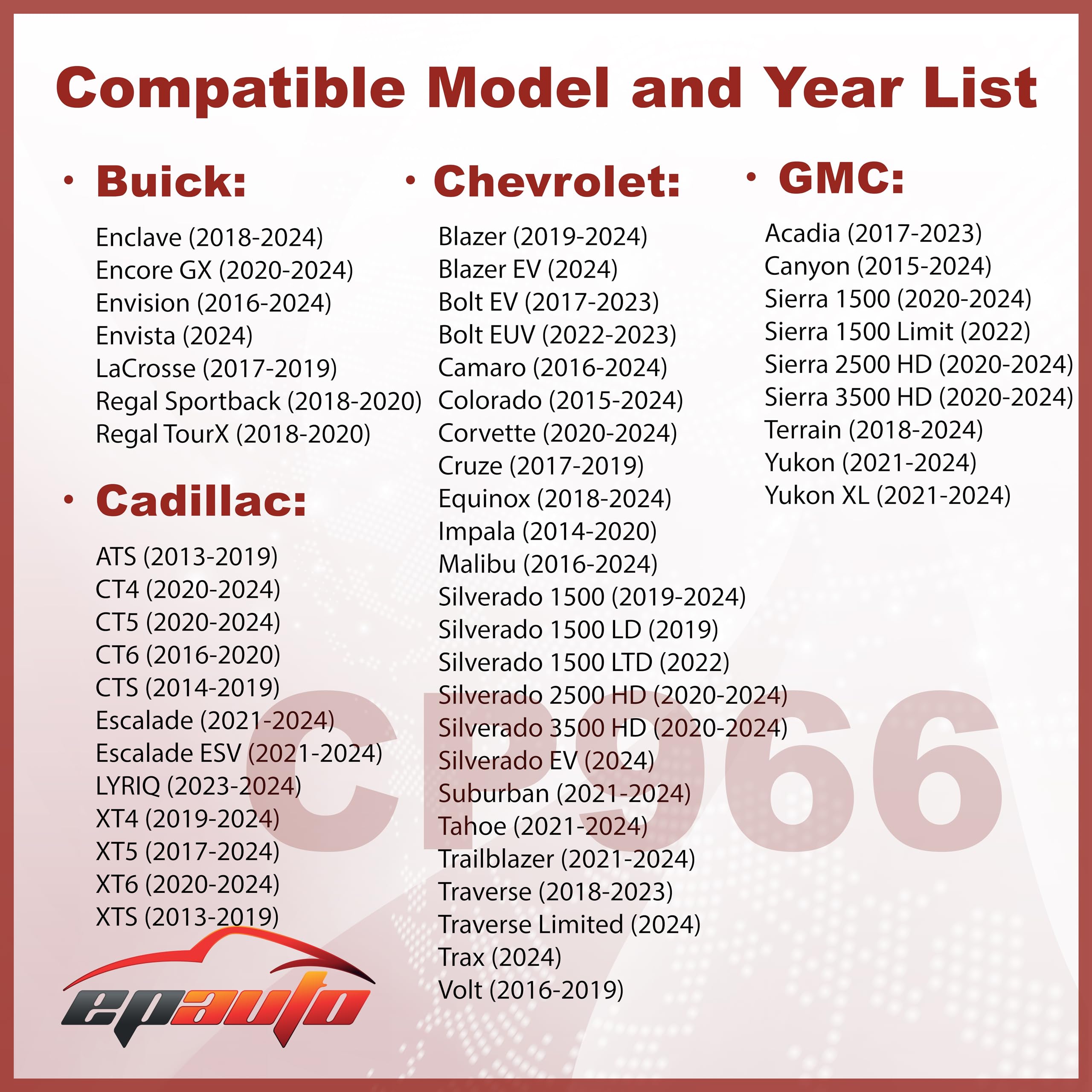 EPAuto CP966 (CF11966) Cabin Air Filter Replacement for Chevrolet Silverado, Equinox, Malibu, Cadillac XT5, CT5, GMC Sierra, Ter