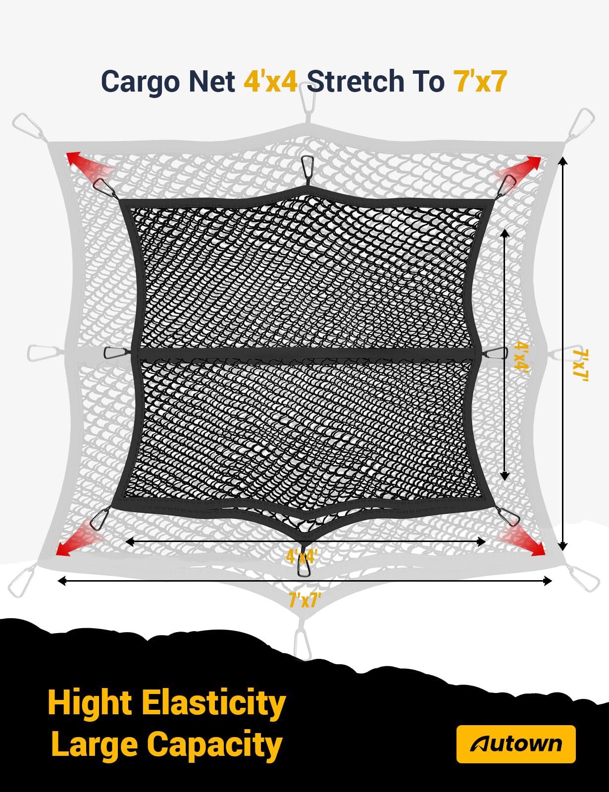 Autown Cargo Net For Pickup Truck Bed - Stretchable 4'X4' To 7'X7', High Elastic Fine Mesh 1''X1'' With 8 Metal Carabiners - Ide