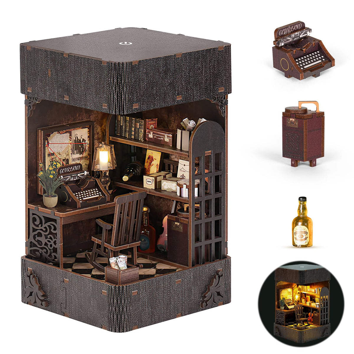 Itefdtutne Book Nook Kit For Adults, Diy Miniature Dollhouse Booknook Kit With Led Light, 3D Wooden Bookshelf Puzzle Booknook In