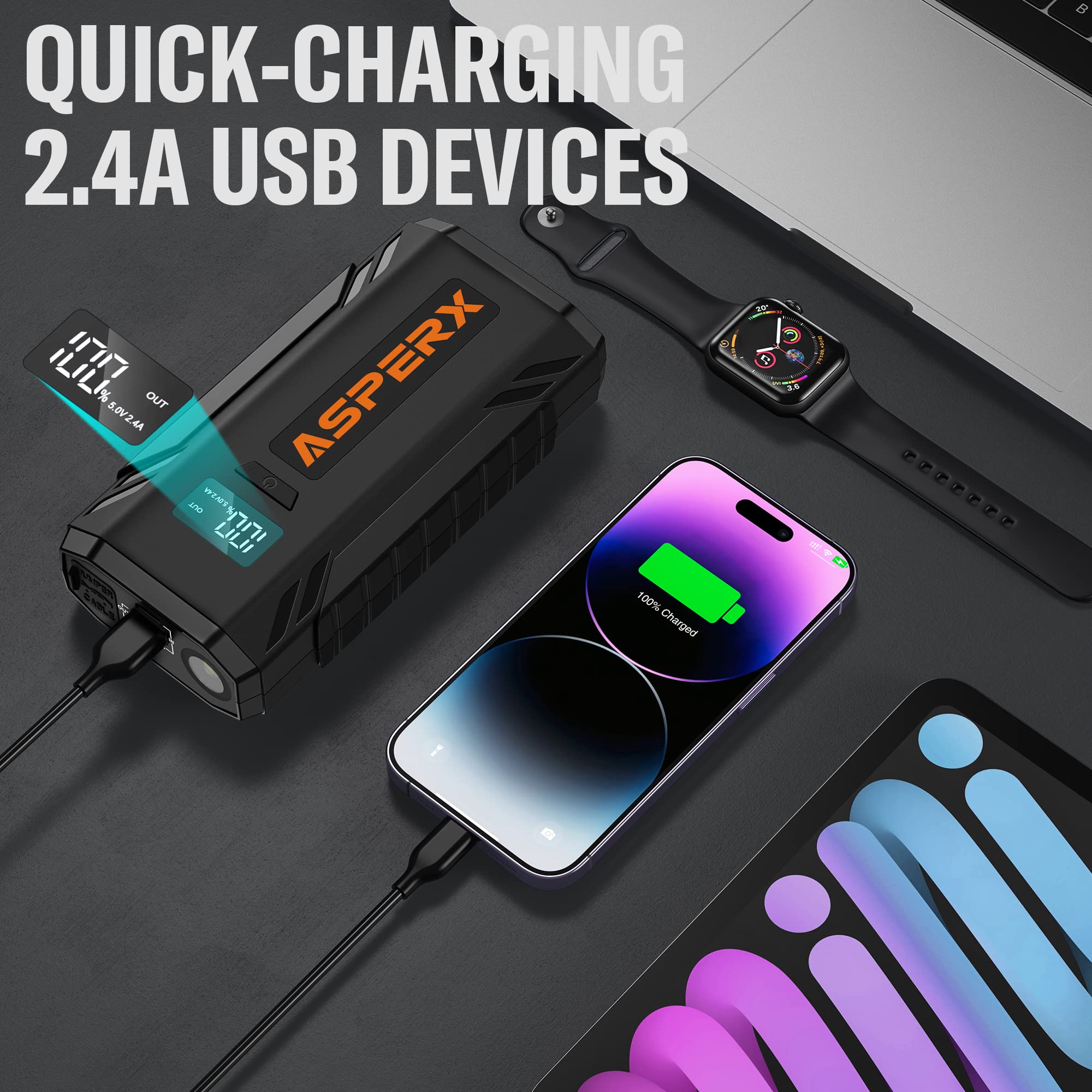 ASPERX Car Jump Starter, 2000A Peak Battery Jump Starter for Up to 7.0L Gas or 5.5L Diesel Engine, 12V Portable Battery Starter