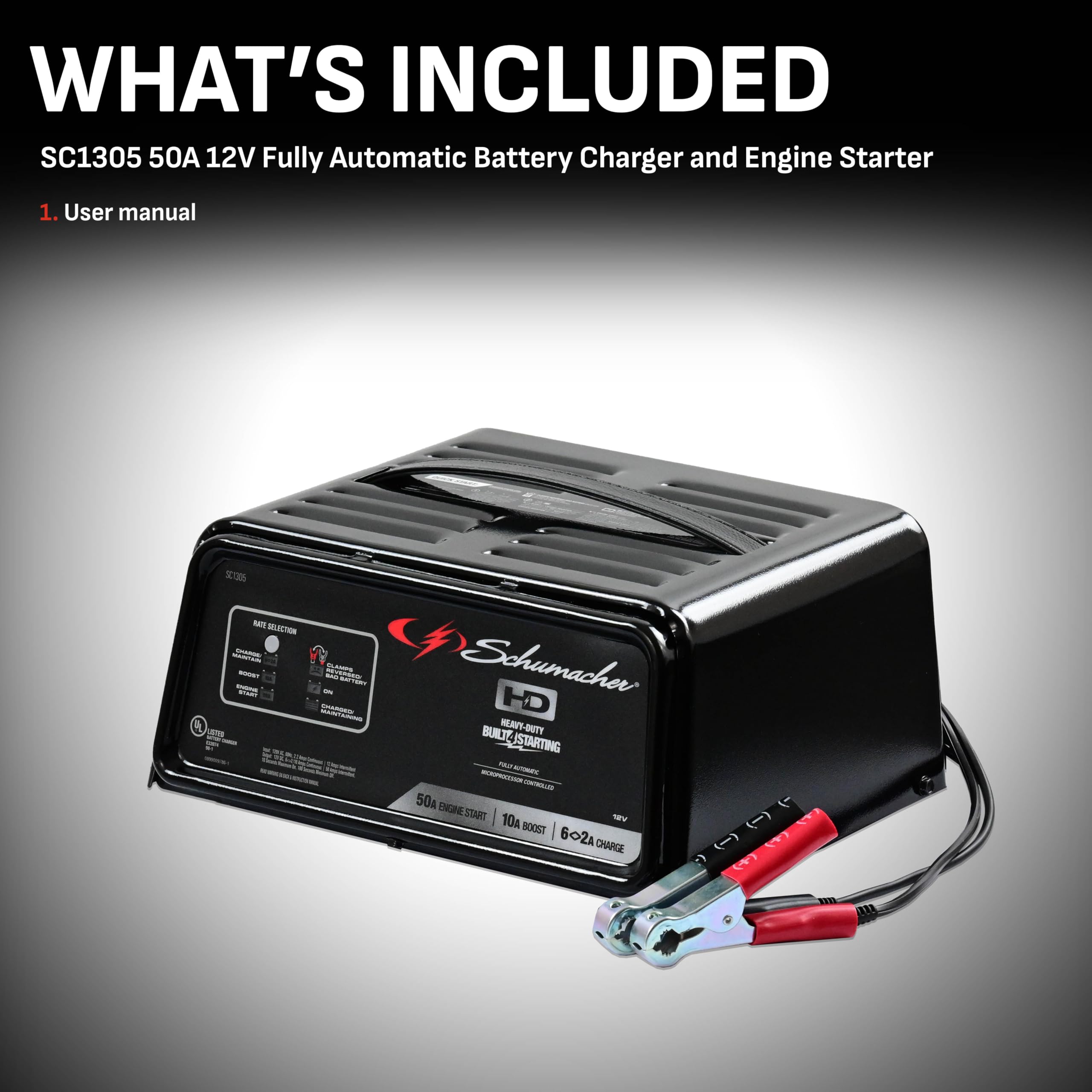 Schumacher Electric Fully Automatic Battery Charger and Engine Starter - SC1305, 4-in-1, 50 Amps, 10-Amp Boost Mode, 12 Volt for Car, SUV, Truck, and Marine Batteries