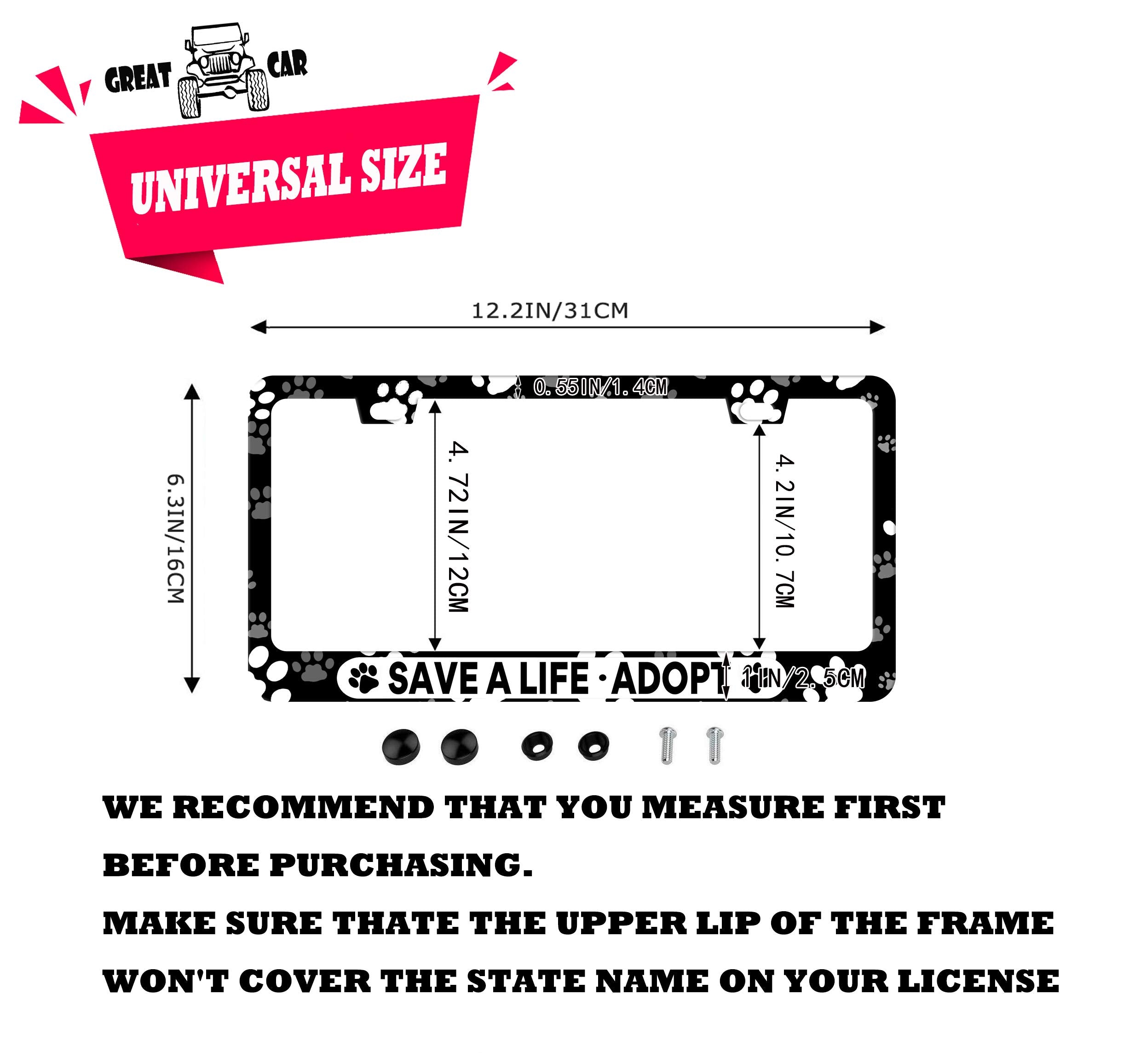 Dzglobal Save A Life Adopt Pet Cat Dog License Plate Frames Paw Prints Design License Plate Covers Aluminum Novelty Car Tag Fram