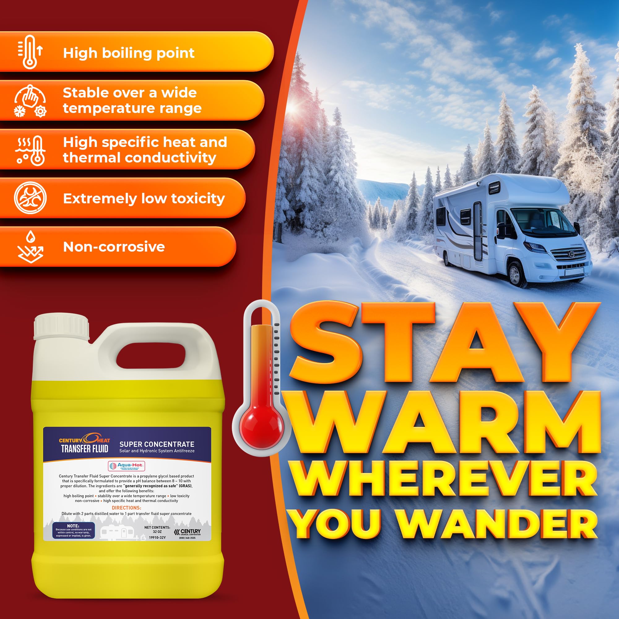 Century Chemical RV Antifreeze - Non-Corrosive Propylene Glycol, 32oz Concentrated, Recommended by Aqua-Hot, Yellow, Model 19910-32Y