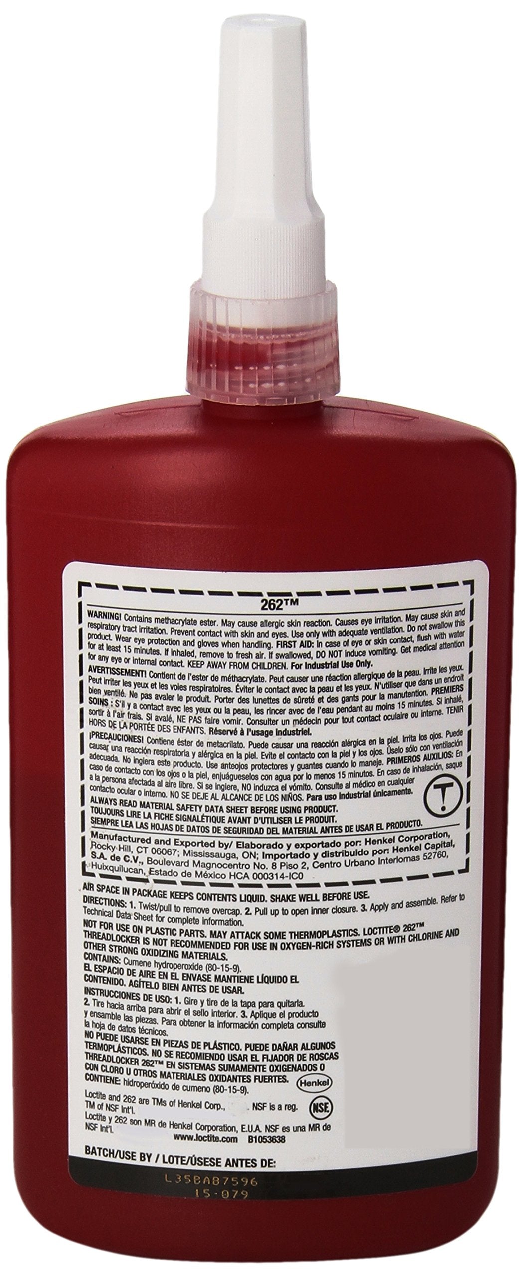 Loctite 135375 Red 262 High Strength Thread Locker, 300 Degrees F Maximum Temperature, 250 Ml Bottle
