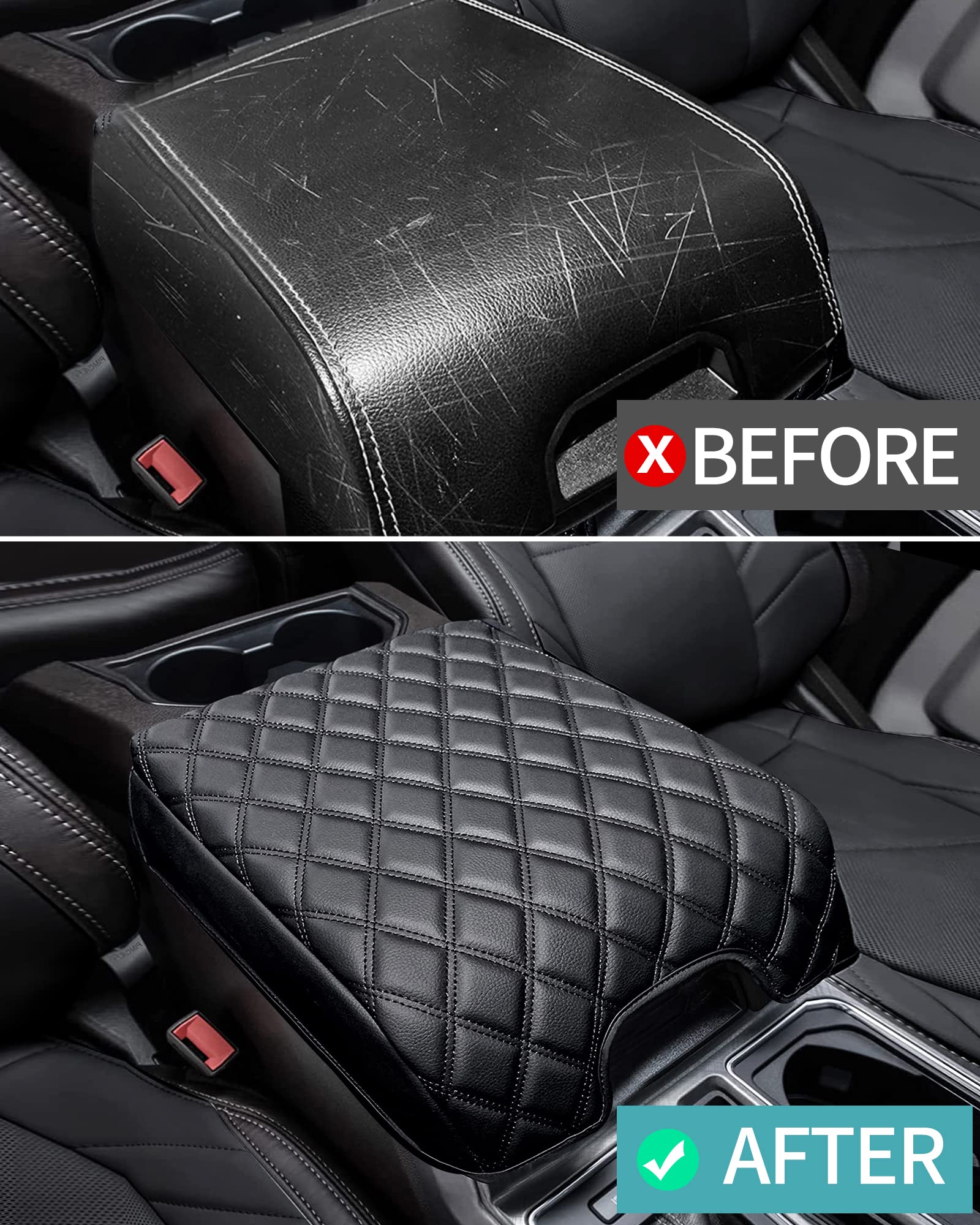 Truck Center Console Cover Compatible With Ford F150 F250 F350 F450 Expedition, Arm Rest Cover Pad Leather Middle Console Lid Se