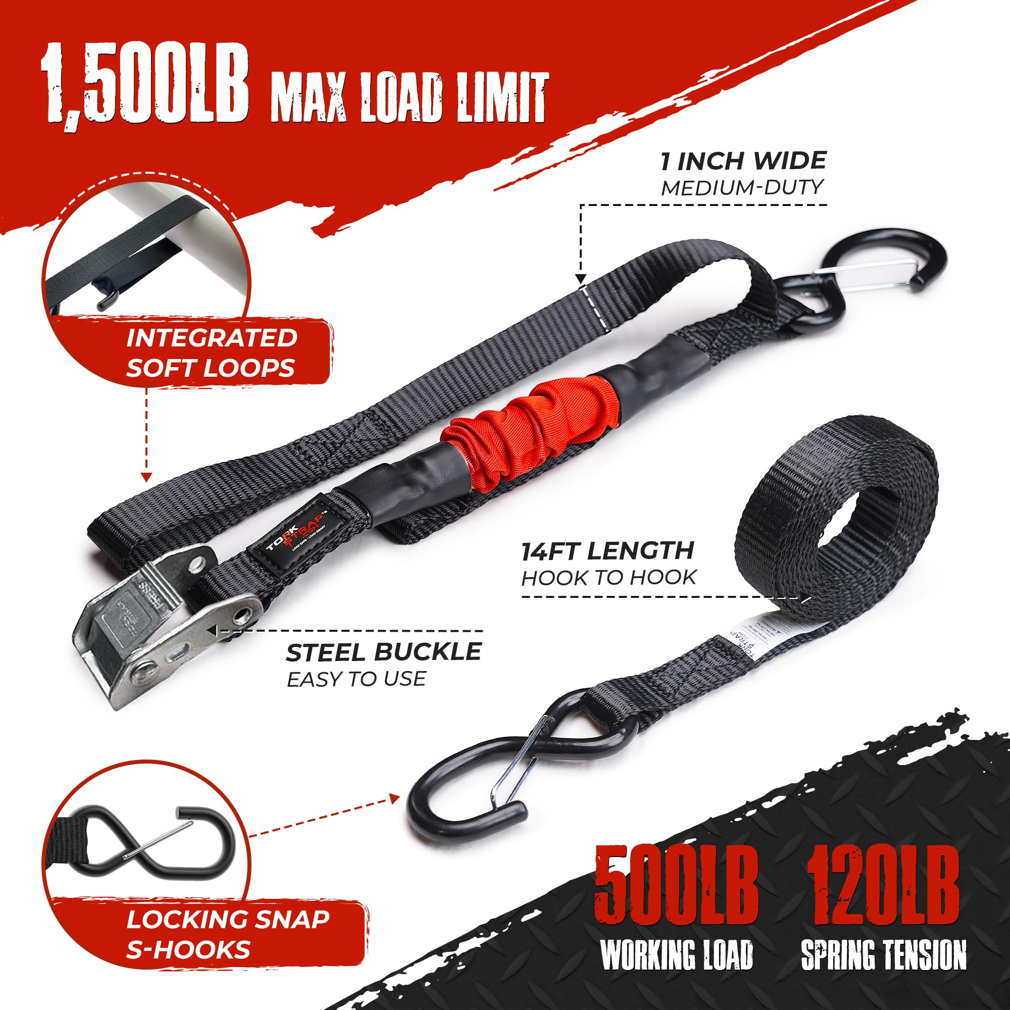 Torkstrap 14' X 1'' Self Tensioning Tie Down Straps [Patented] - Automatically Adapt To Load Shifts - 1,500Lb Break Strength - P