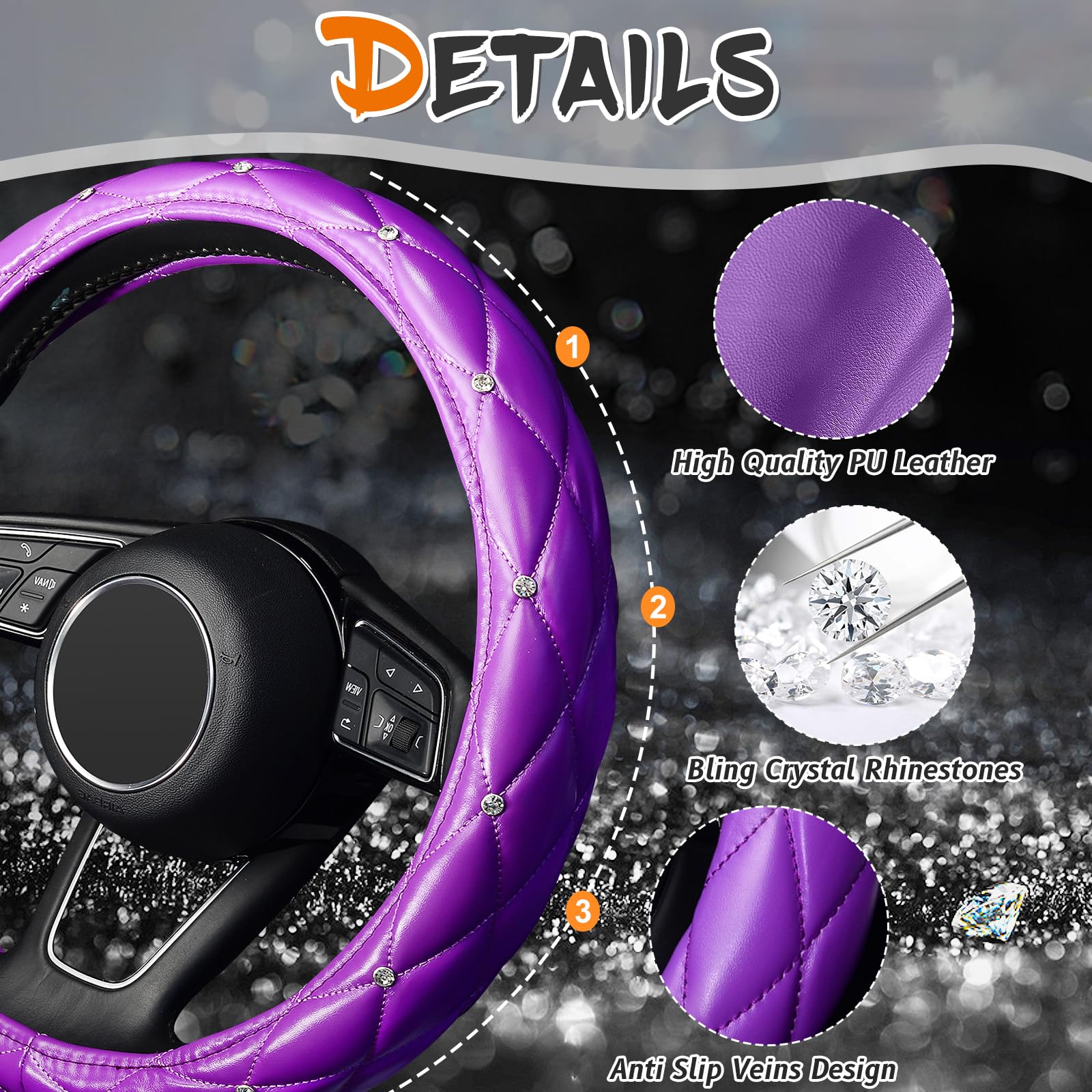 Kafeek Diamond Soft Leather Steering Wheel Cover With Bling Bling Crystal Rhinestones, Universal 15 Inch, Purple