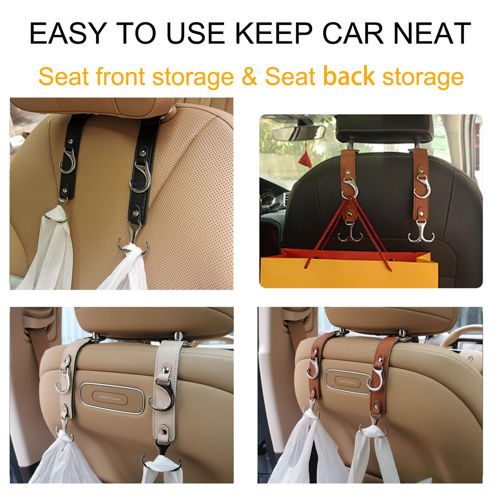 Yicheyiyou Headrest Hooks For Car Back Seat Organizer Black Faux Leather Hanger Holder Hook, For Hanging Purses And Bags And Coa