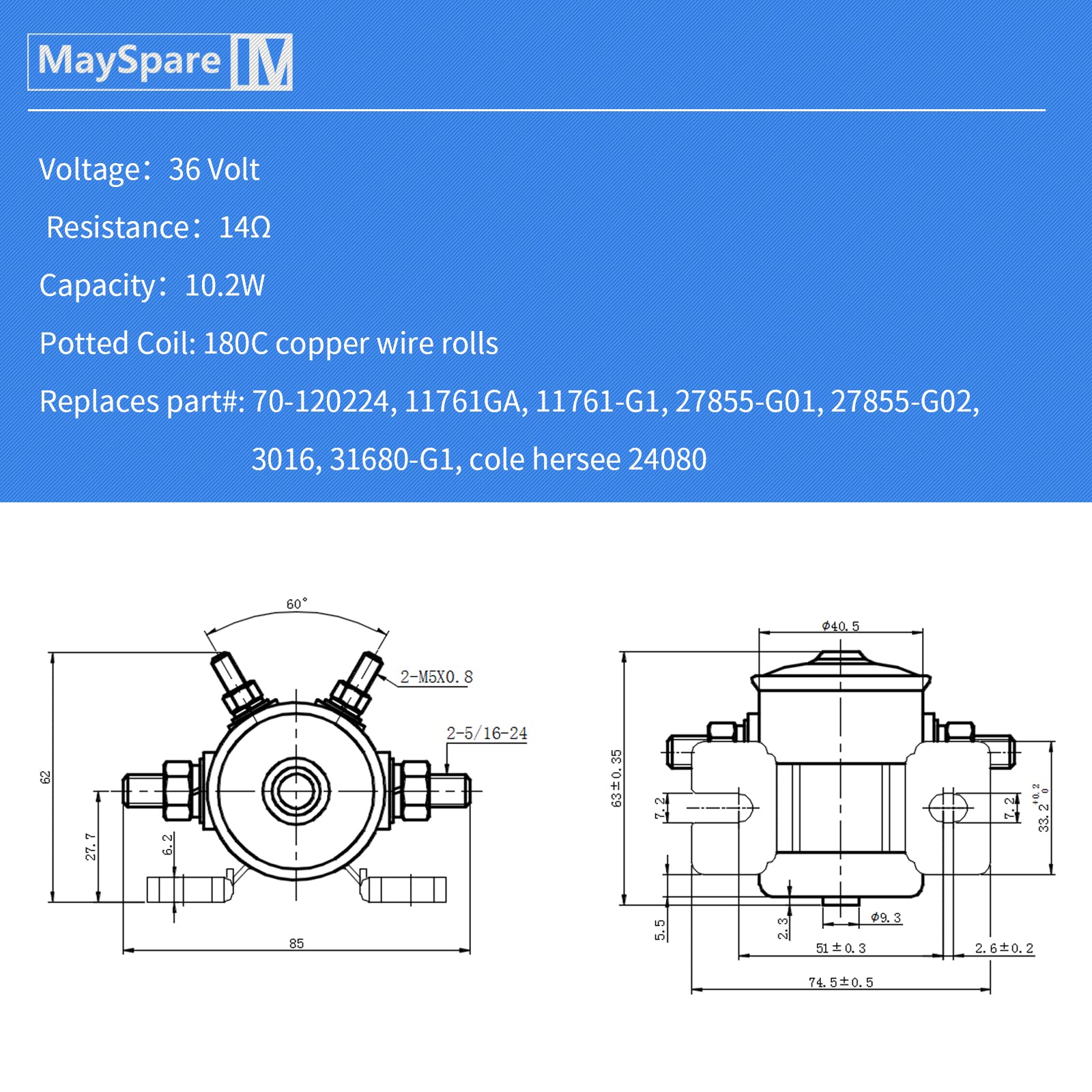 Mayspare 36 Volt Ezgo Solenoid,Continuous Duty Solenoid Relay #70 Series For Ezgo Electric Golf Cart With Upgrade Mount Bracket,Oem # 27855G01 11761G1 27855G02 31680G1 3016