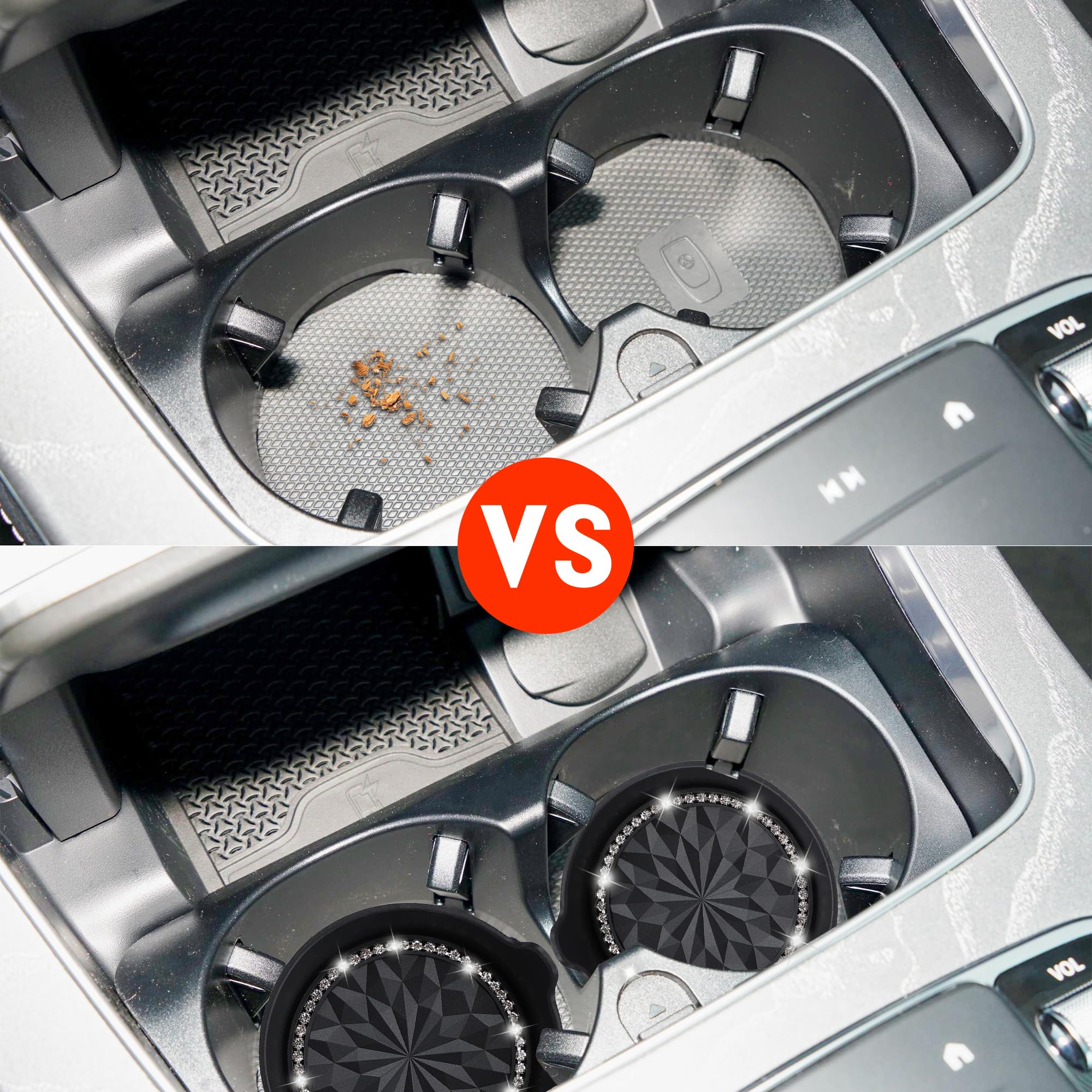 Amooca Car Cup Coaster Universal Non-Slip Cup Holders Bling Crystal Rhinestone Car Interior Accessories 4 Pack Black Flower