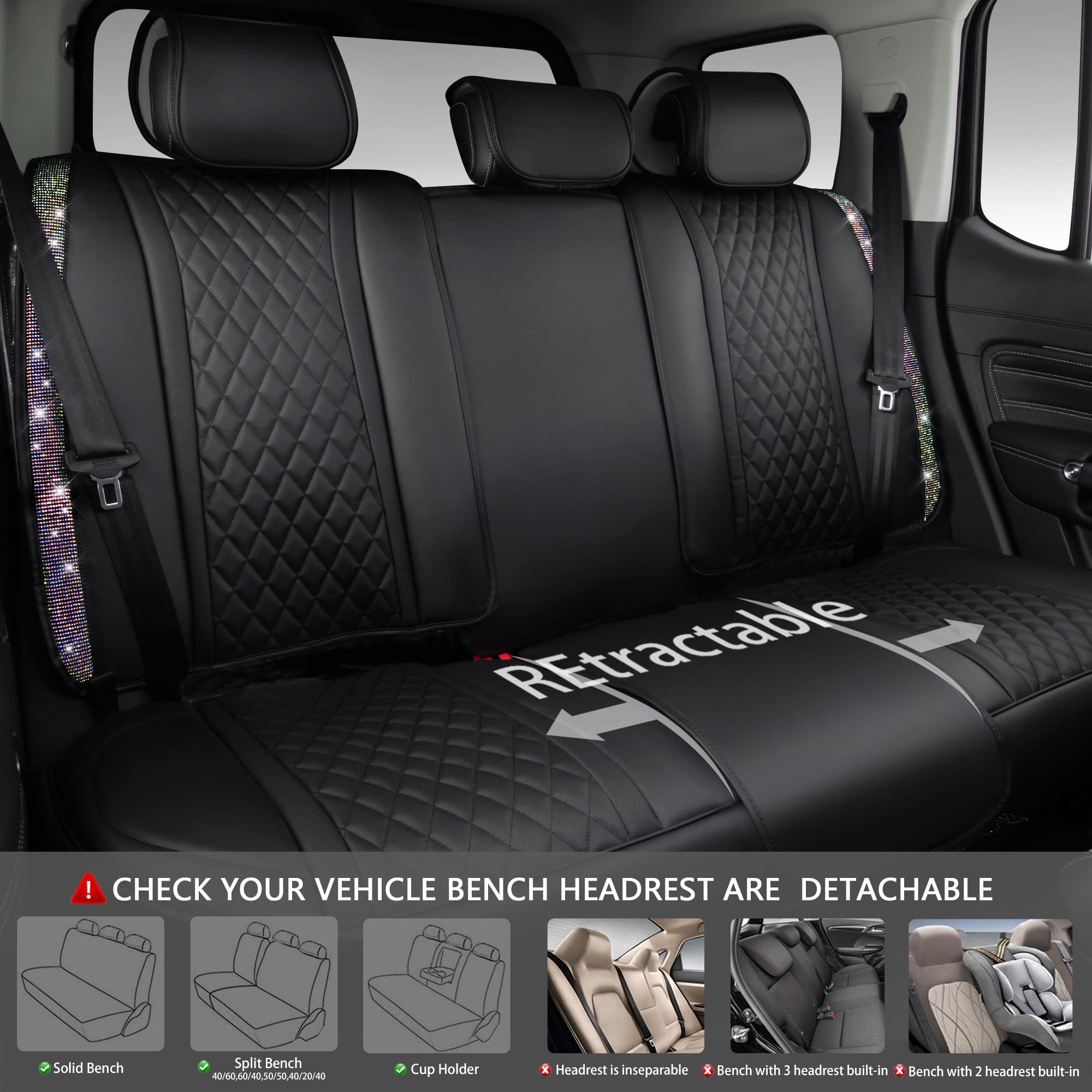 Car Pass Iridescent Diamond &Nappa Calfskin Leather Cushioned,Bling Seat Covers,Waterproof Heavy-Duty Anti-Slip,Universal Fit Fo