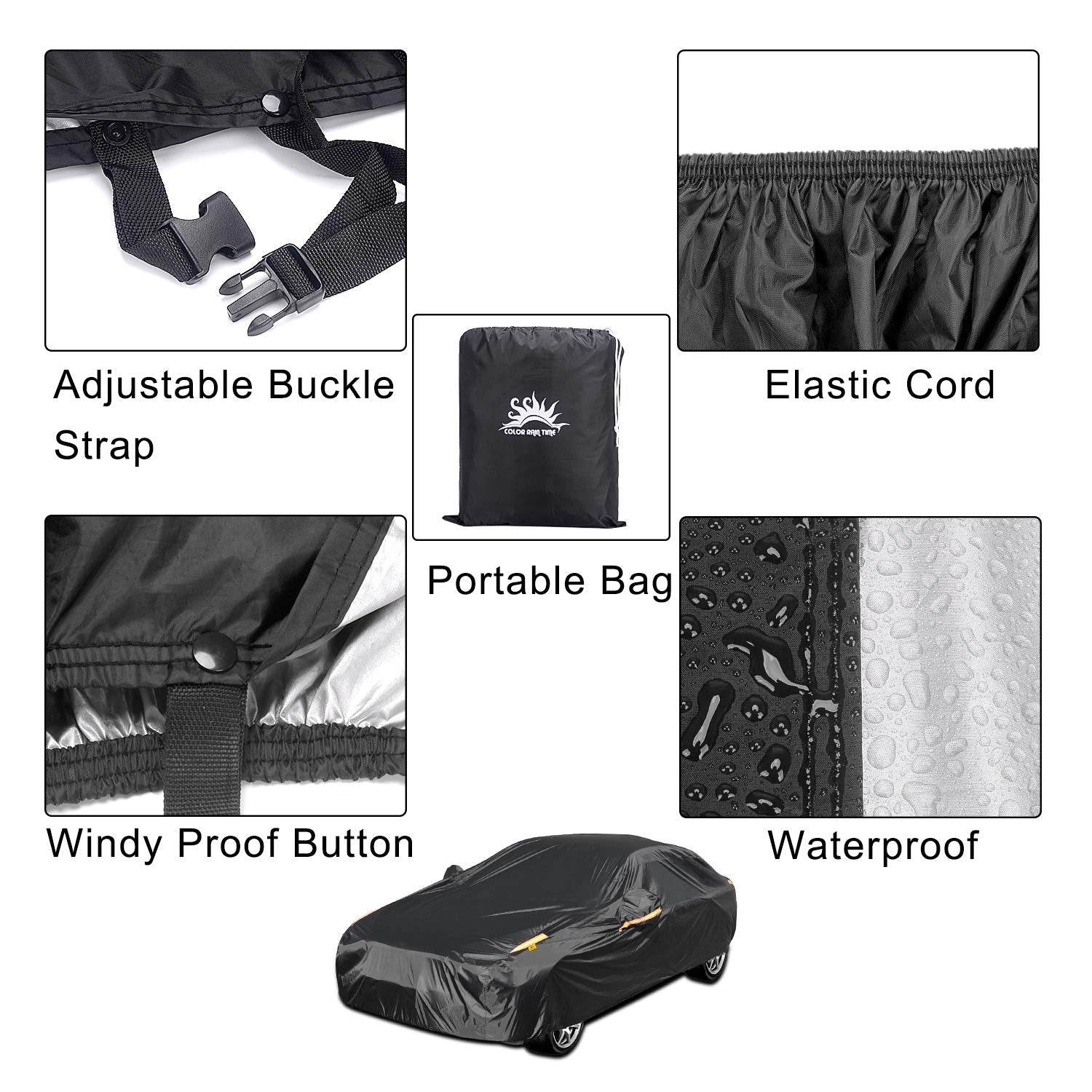 Color Rain Time Uv Protection Car Cover Windproof Dustproof Scratch Resistant Outdoor Universal Full Car Covers For Sedan Xl (Black, 191 - 201)