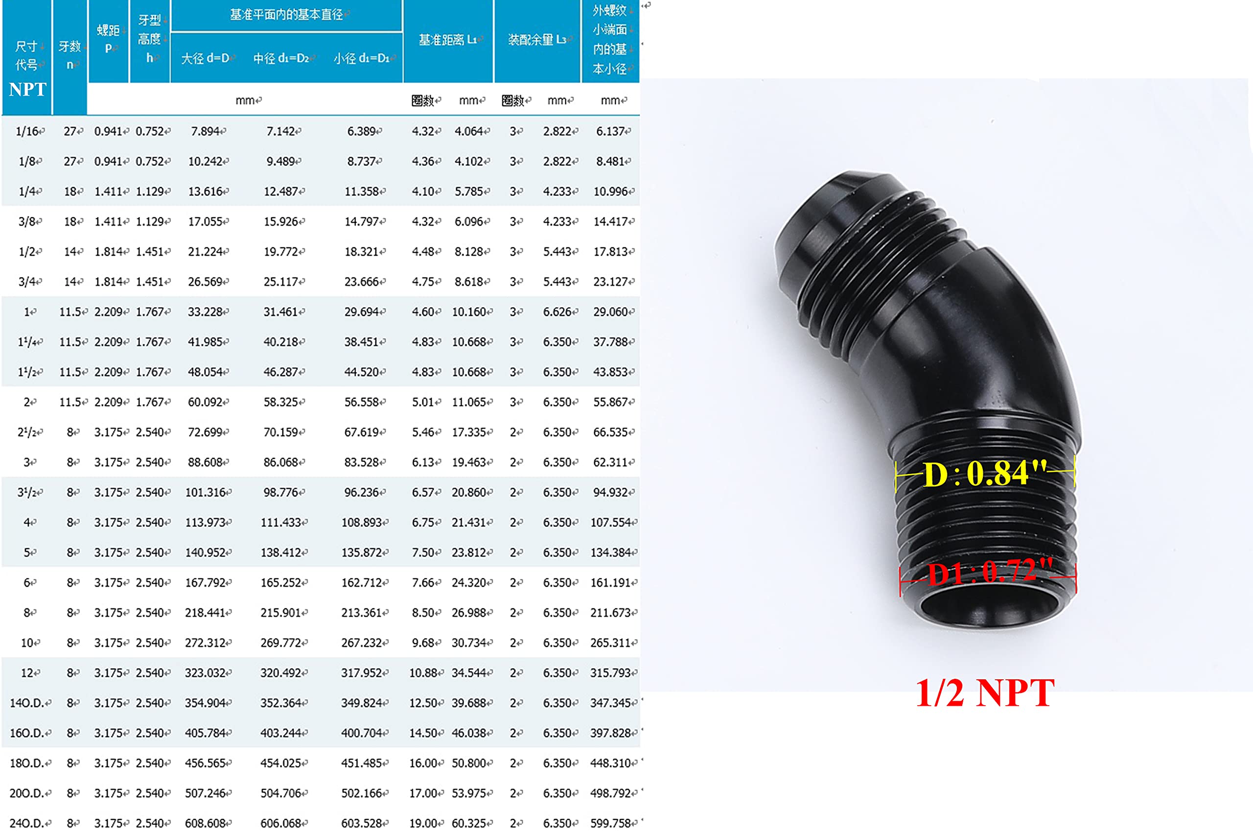 AC PERFORMANCE 45 Degree Elbow One Piece Full Flow -10 AN to 1/2 NPT Forged Male Flare Coupling Union Fitting Aluminum Black