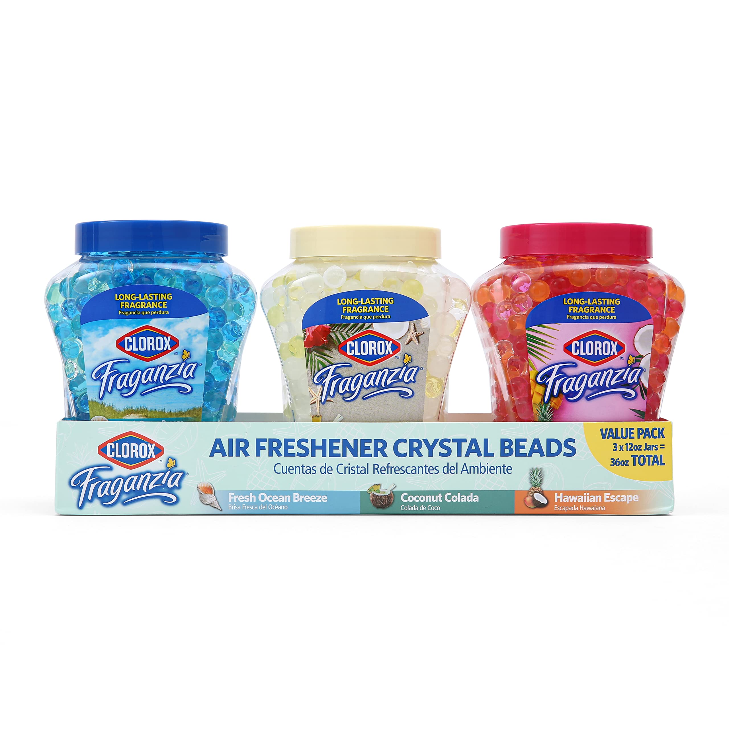 Clorox Fraganzia Air Freshener Crystal Beads Triple Pack, Fresh Ocean Breeze, Coconut Colada, Hawaiian Escape 12oz Jars | Vented