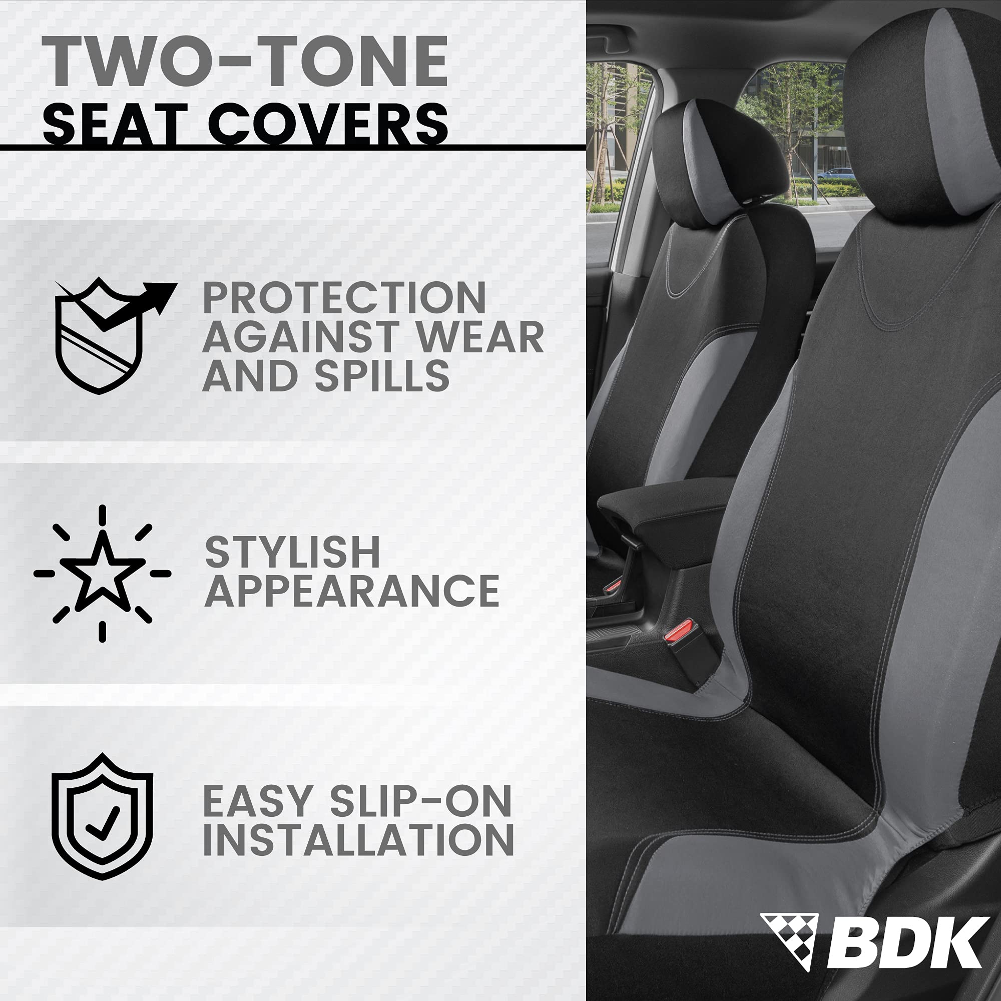 Bdk Ultrasleek Gray Seat Covers For Cars, Two-Tone Front Seat Covers With Matching Back Car Seat Cover, Made To Fit Most Auto Tr
