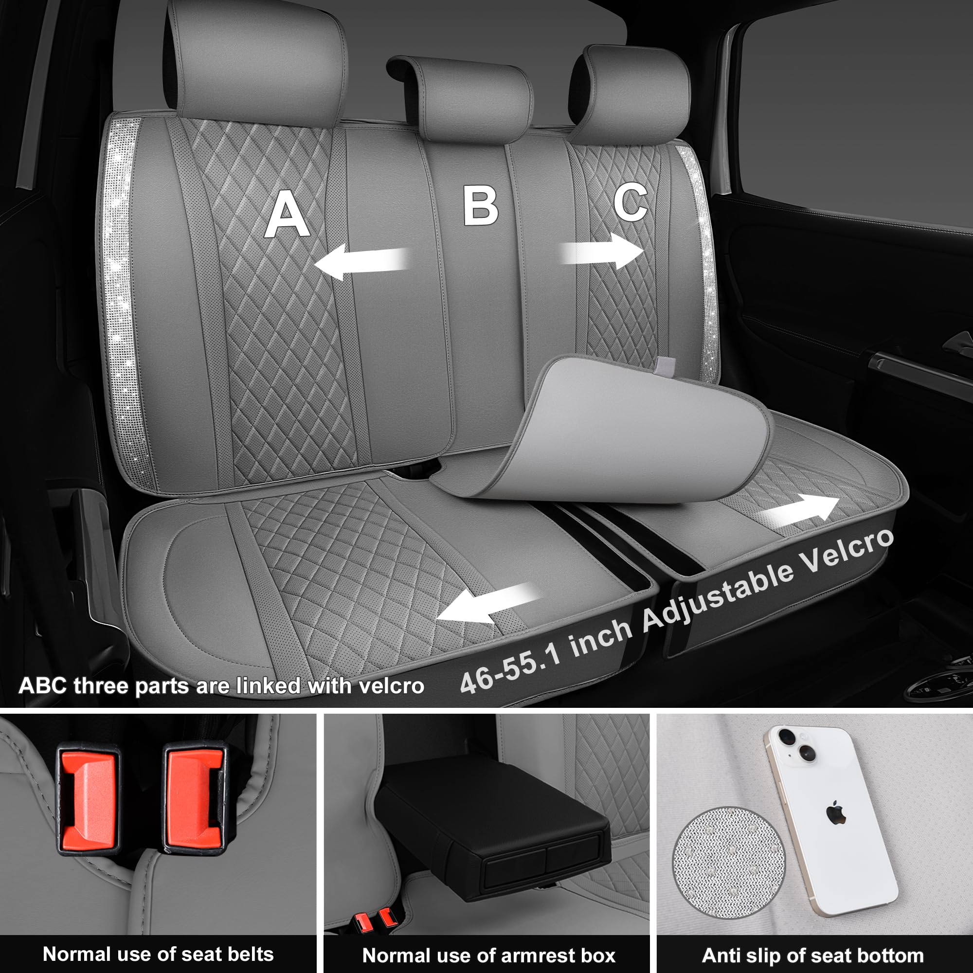 Car Pass Gray Leather Bling Car Seat Covers Full Set, Luxury Microfiber Nappa Pu Cushioned, Waterproof Anti-Slip Universal Fit F