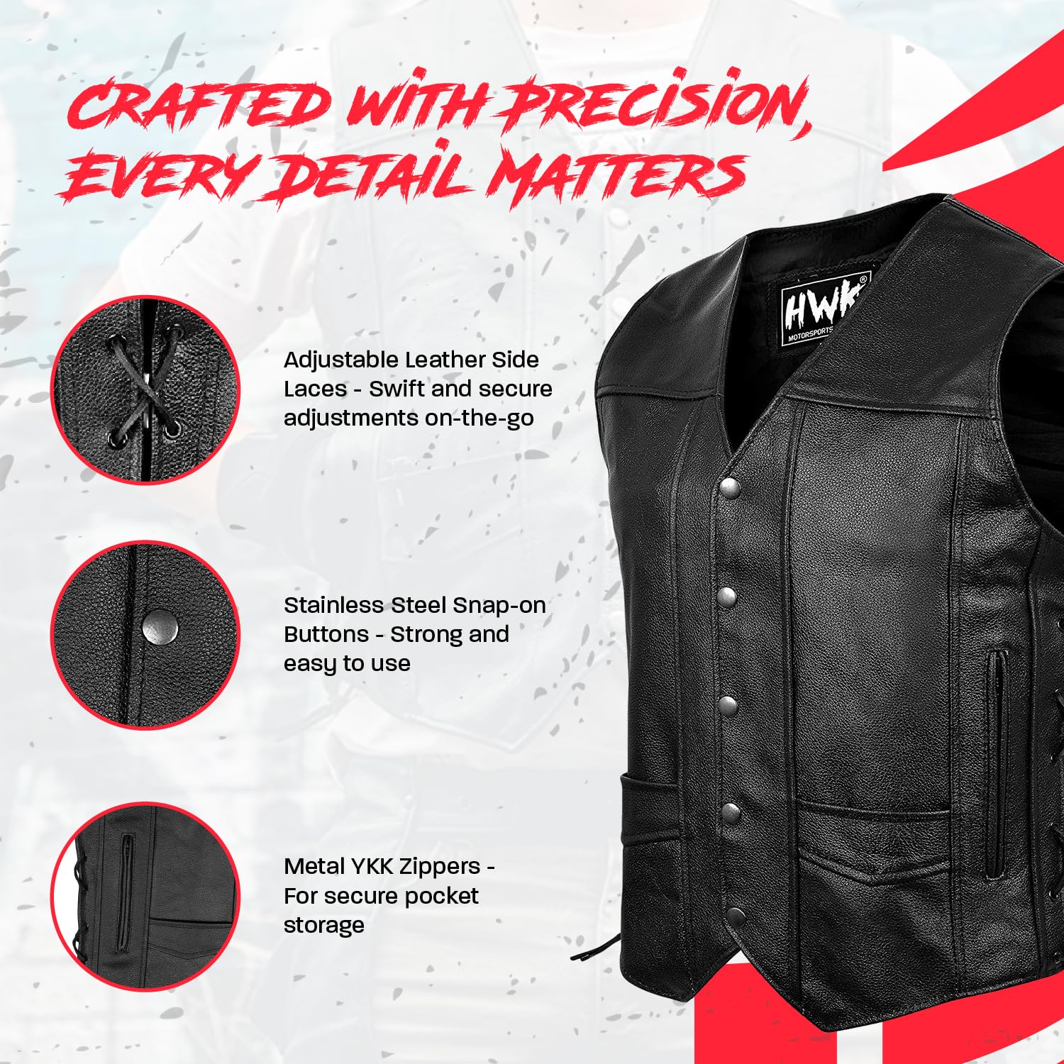 Hwk Leather Motorcycle Vest For Men And Women With Concealed Carry Pocket, Black Genuine Leather Vest With 100% Polyester Lining
