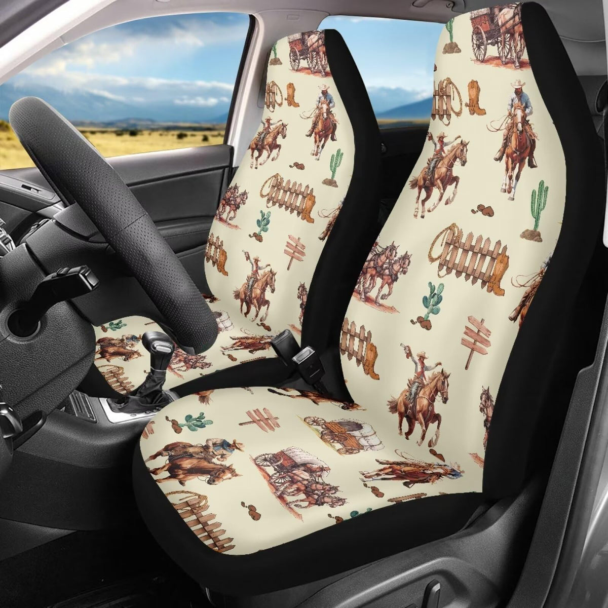 Salabomia Western Cowboy Car Seat Cover for Women Men, Durable Seat Cover for Cars Universal Fit 2 Piece Stretchy Breathable Buc