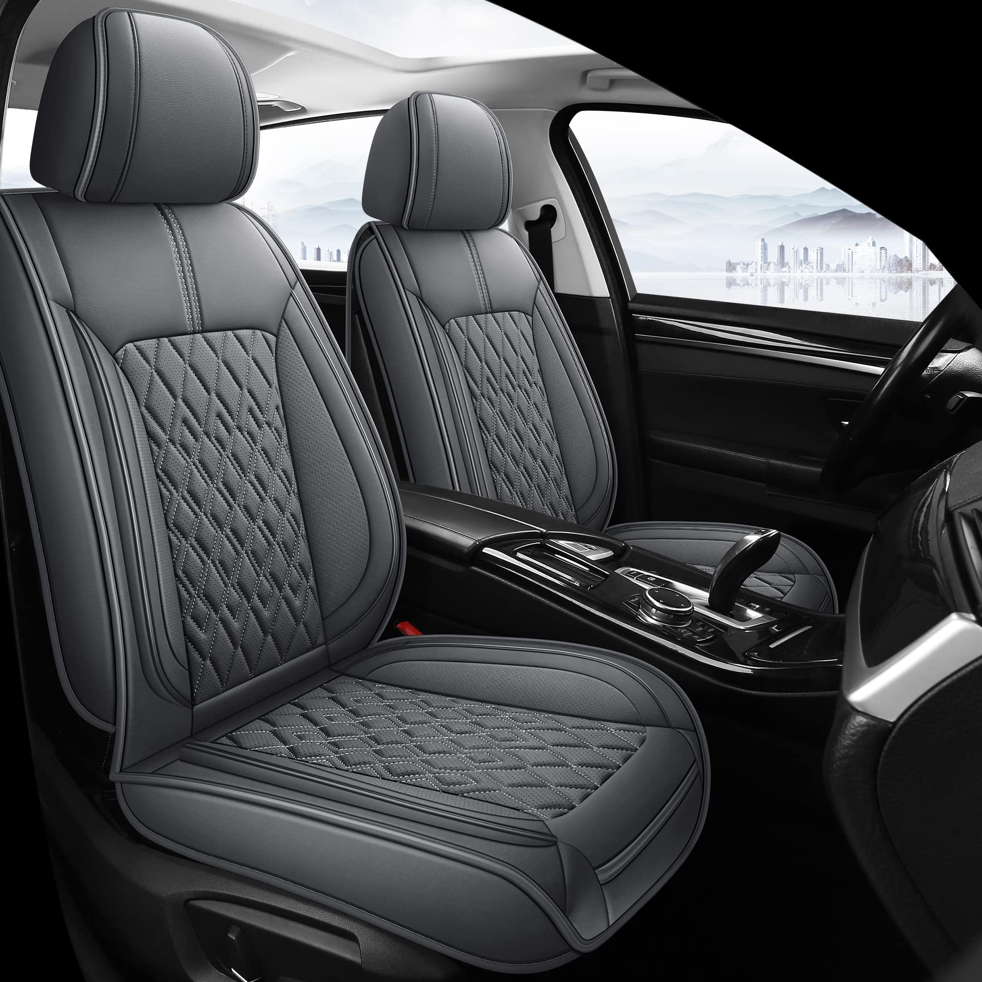 Pariitadin Leather Car Seat Covers Full Set, Waterproof Breathable Faux Leather Automotive Seat Covers For Cars, Non-Slip Car Interior Covers Universal Fit Most Cars Sedans Trucks Suvs, Gray