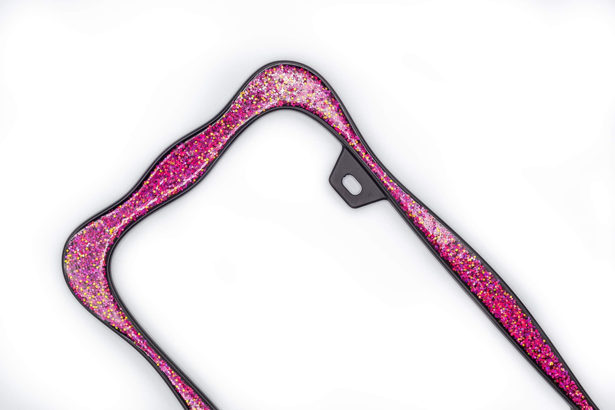 Creathome 3D Shining License Plate Frame, Black Powder Coated With Pink Chunky Gliter, Pure Zinc Alloy Metal