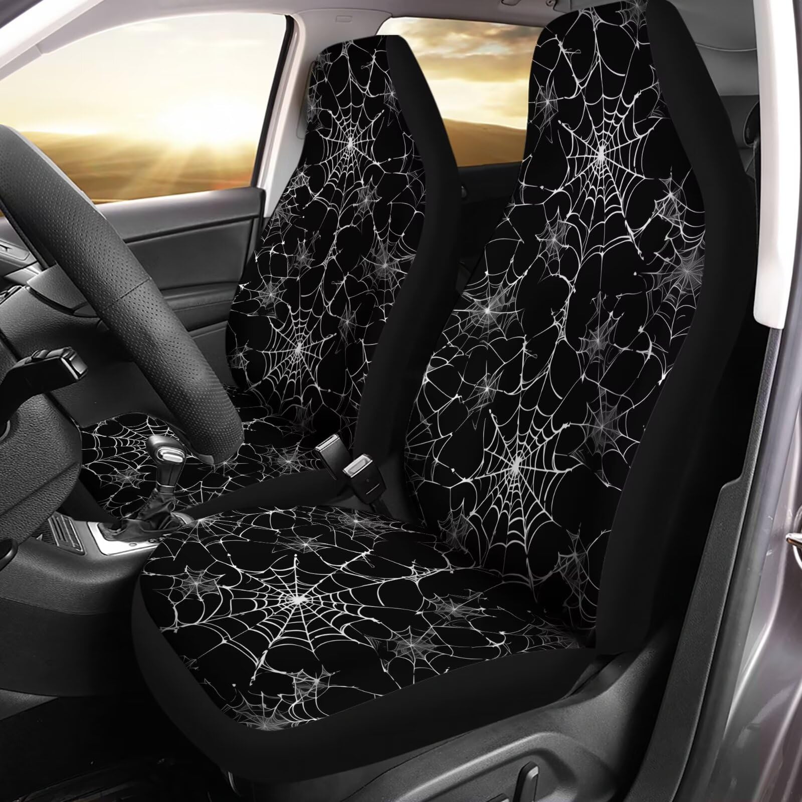 Bulopur Halloween Black Spider Web Printed Car Seat Covers Sets Of 2 Vehicle Front Seat Cushions Automobile Seat Protector Car S