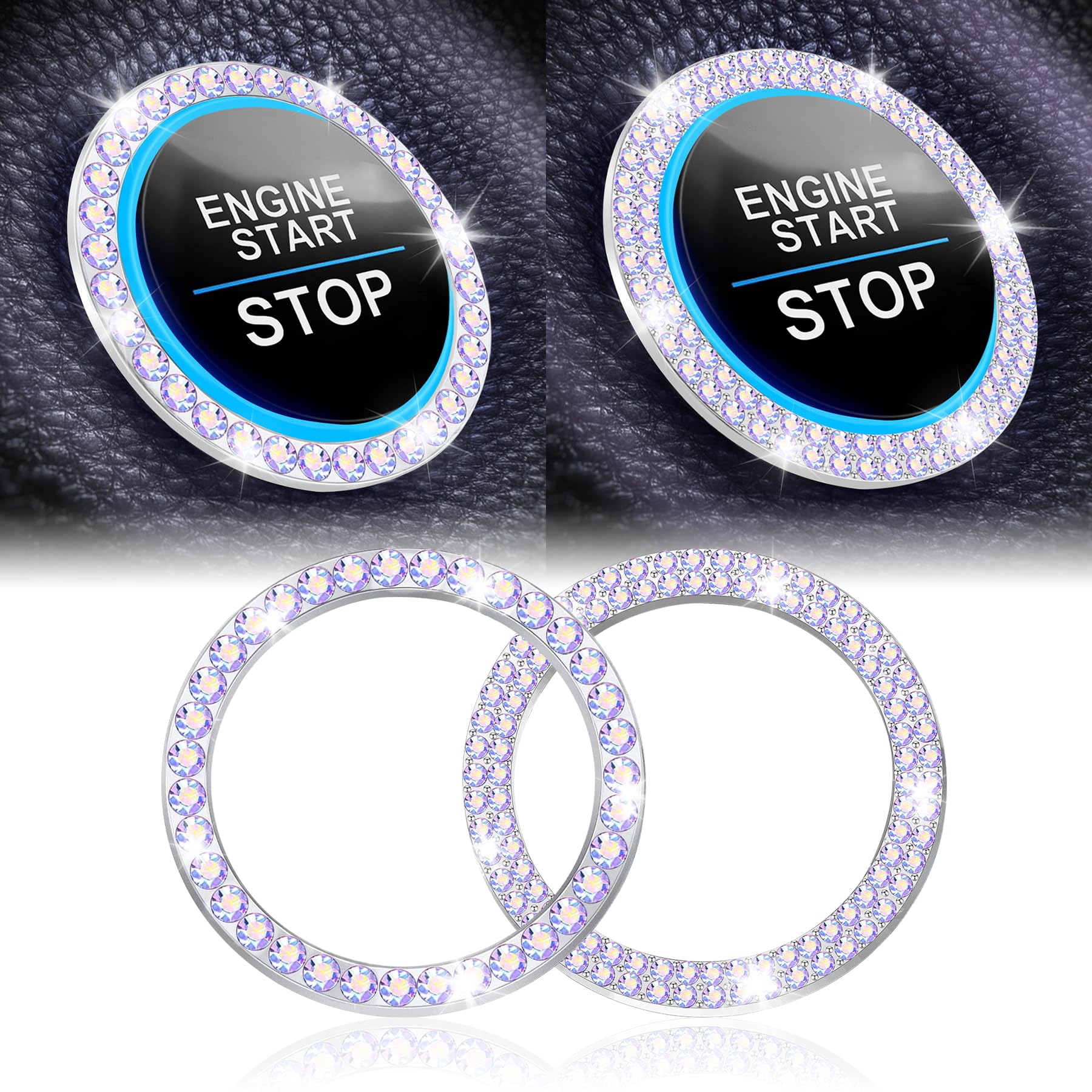 Livtee 2 Pcs Crystal Combinatorial Rhinestone Car Engine Start Decoration Ring, Push To Start Button Cover Sticker, Bling Car In