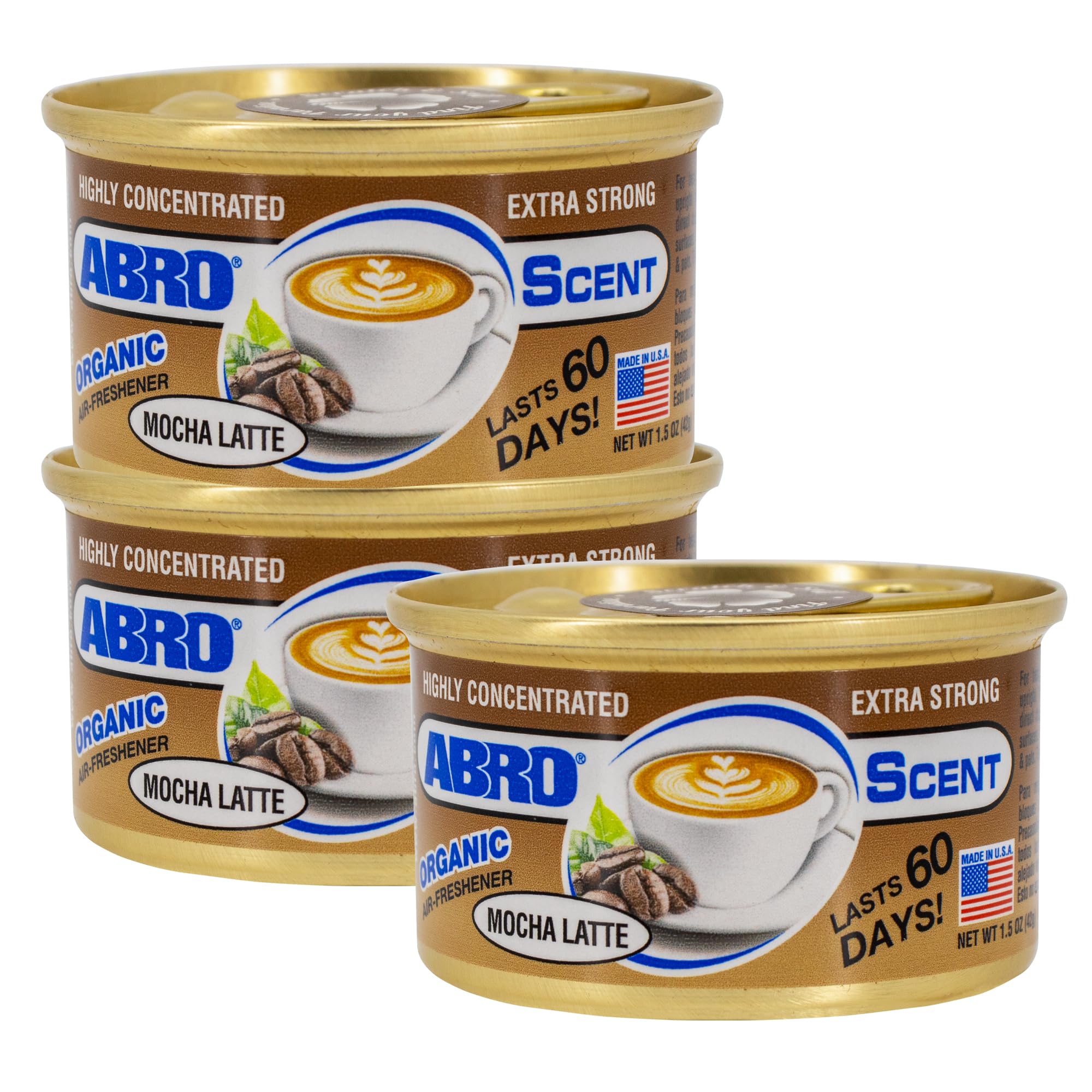 Abro Car Air Freshener Cans: Spill Proof Air Fresheners For Home, Office, Or Car Accessories, Lasts Up To 60 Days - 3 Pack Mocha